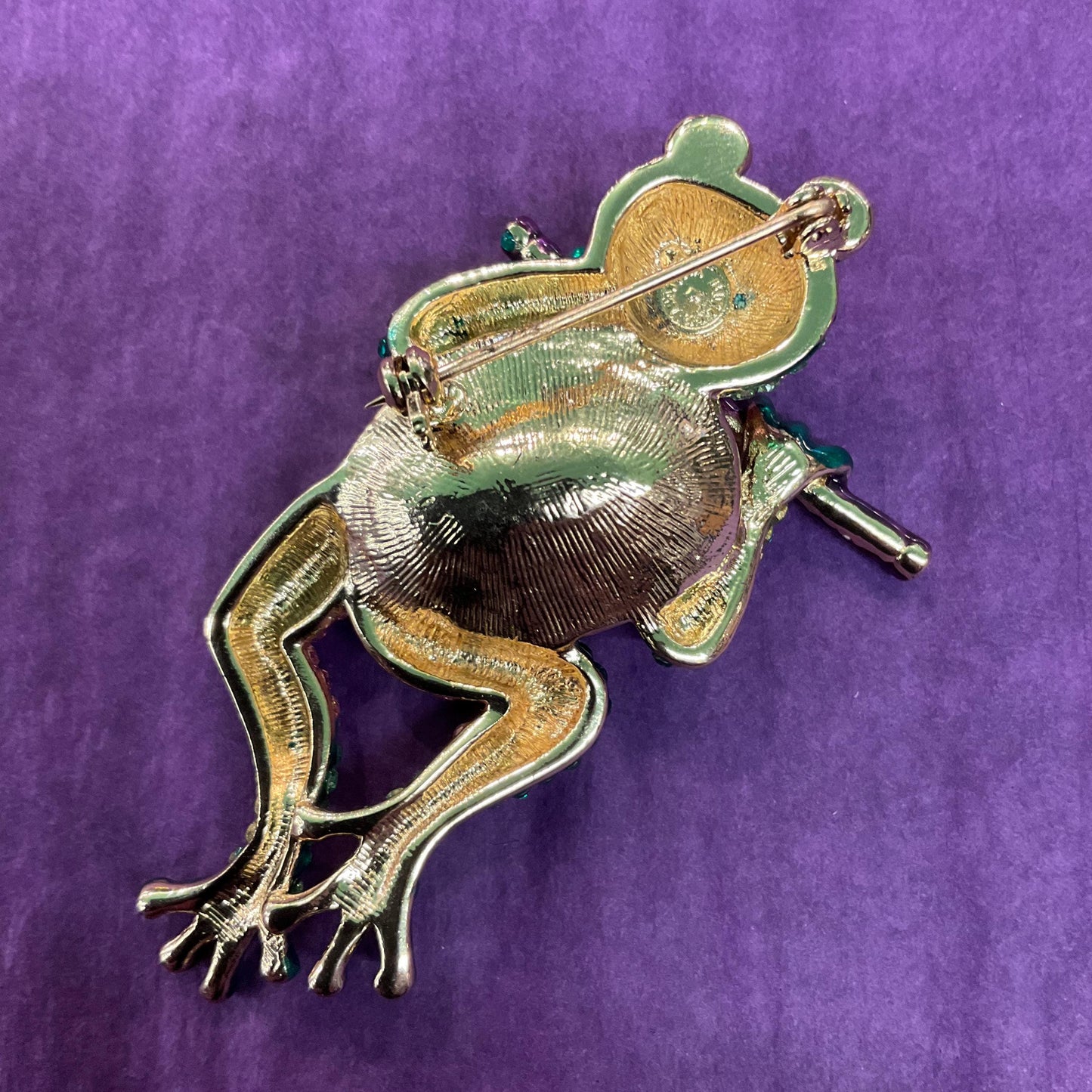 Vintage Butler and Wilson Large Crystal Frog with Flute Brooch, Gold tone with large pink crystal and Green rhinestones, signed