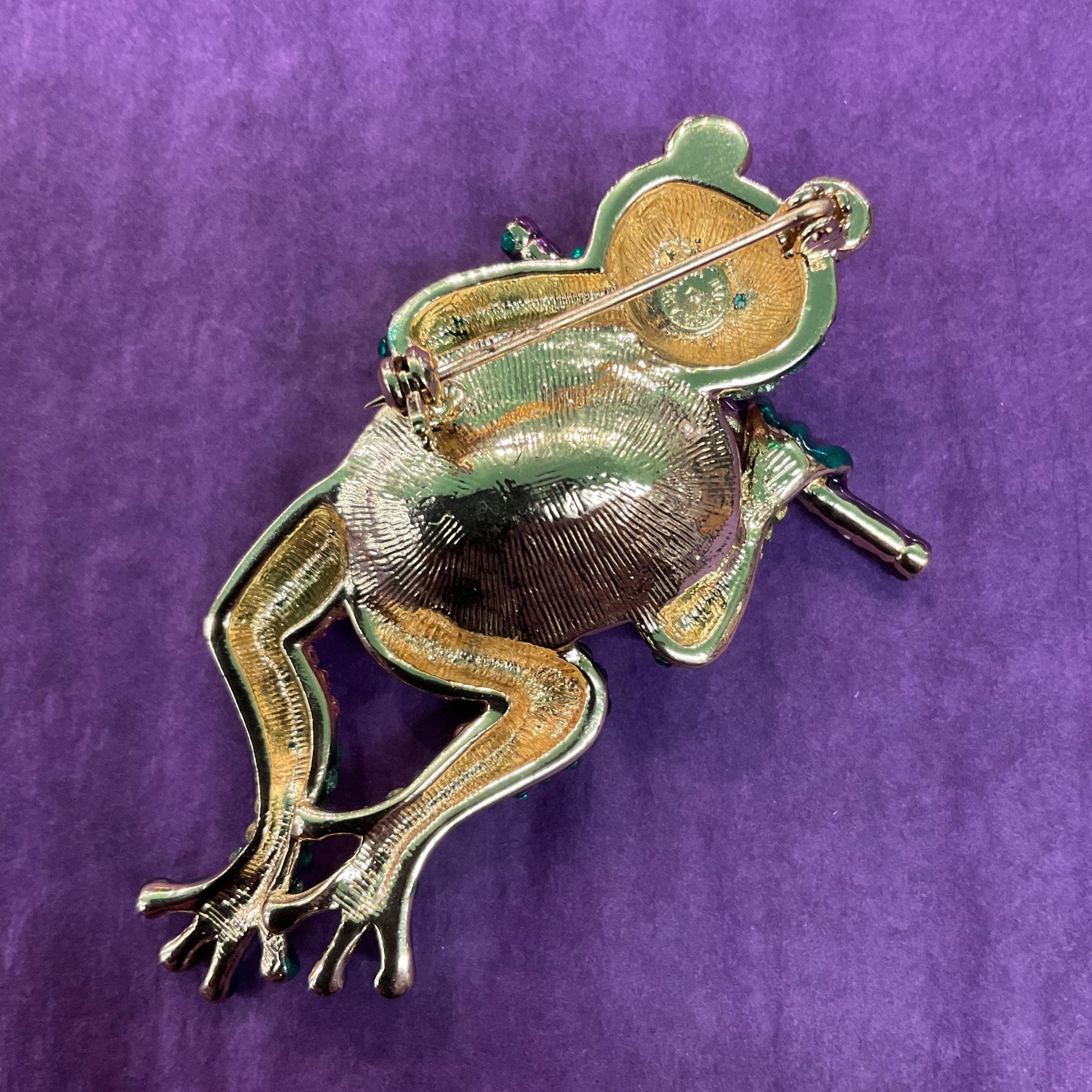 Vintage Butler and Wilson Large Crystal Frog with Flute Brooch, Gold tone with large pink crystal and Green rhinestones, signed