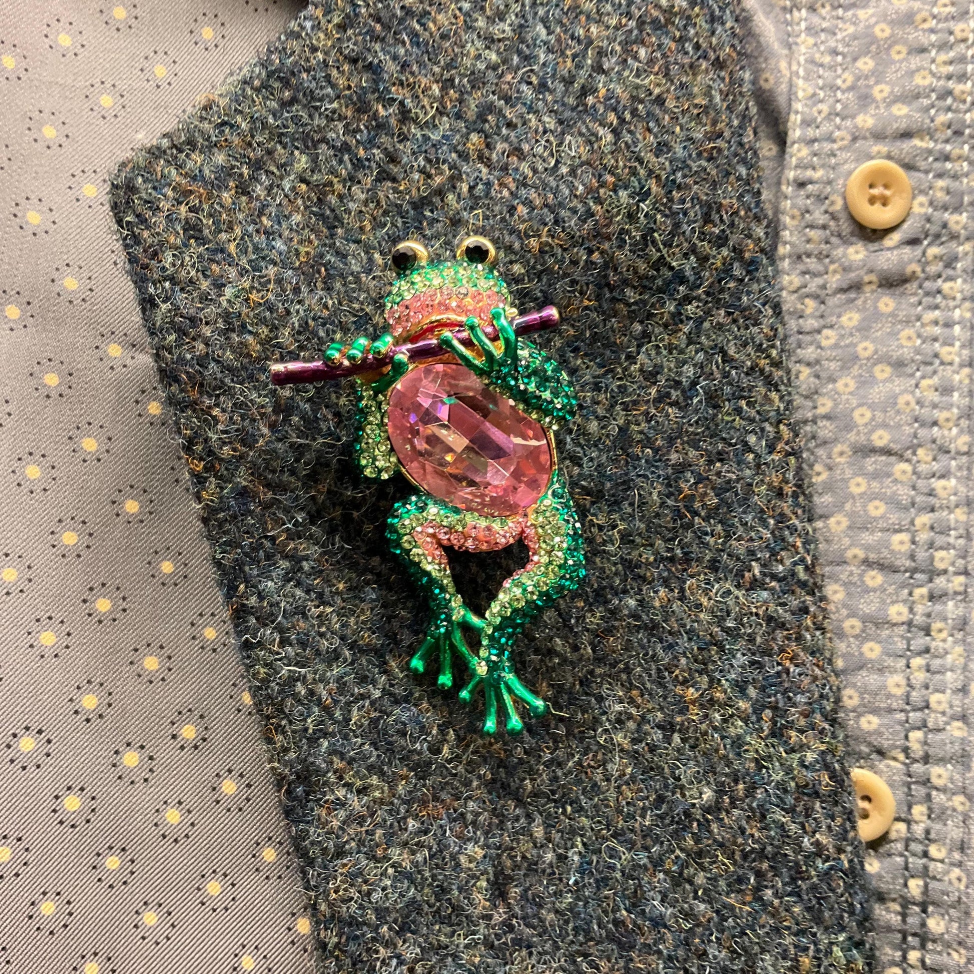 Vintage Butler and Wilson Large Crystal Frog with Flute Brooch, Gold tone with large pink crystal and Green rhinestones, signed