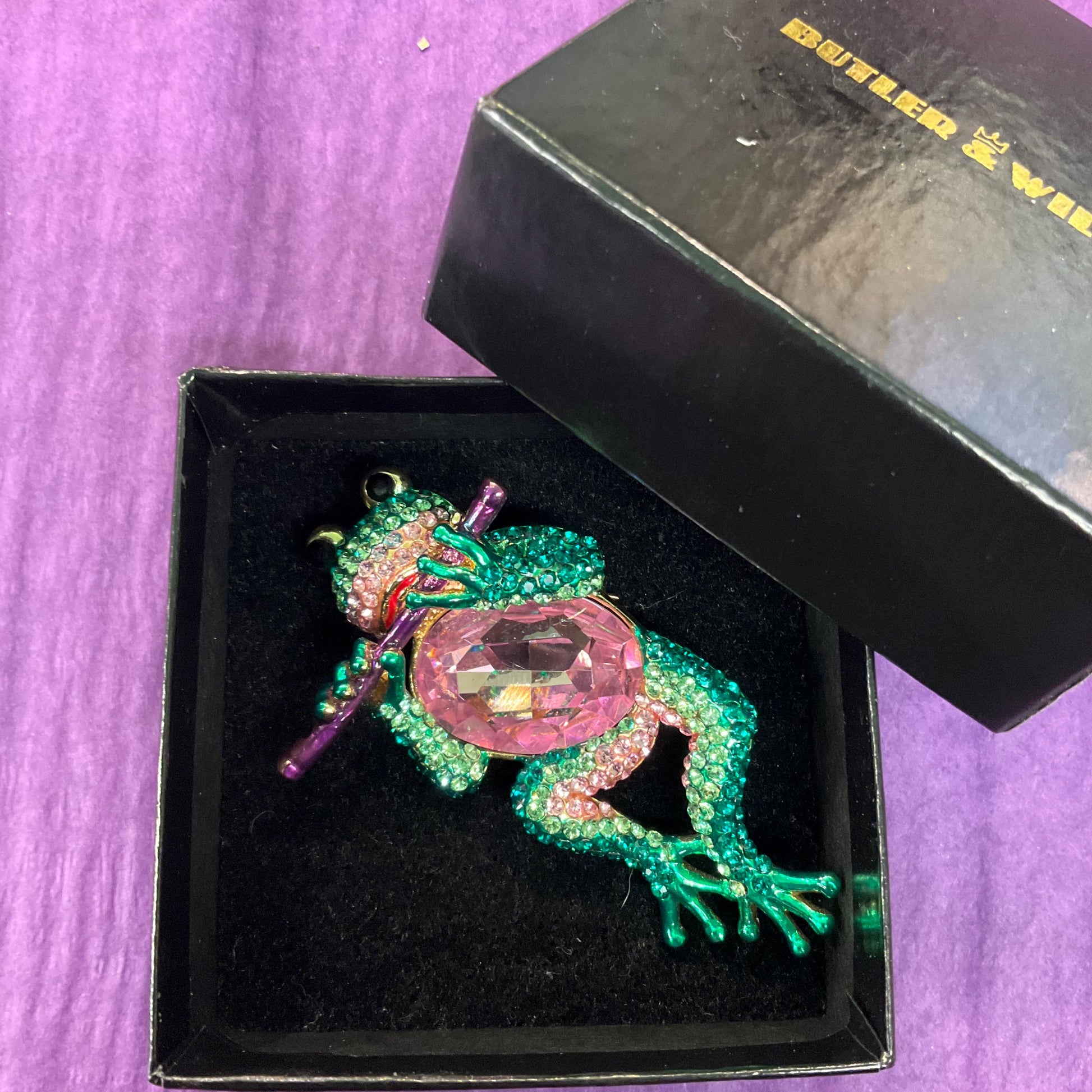 Vintage Butler and Wilson Large Crystal Frog with Flute Brooch, Gold tone with large pink crystal and Green rhinestones, signed