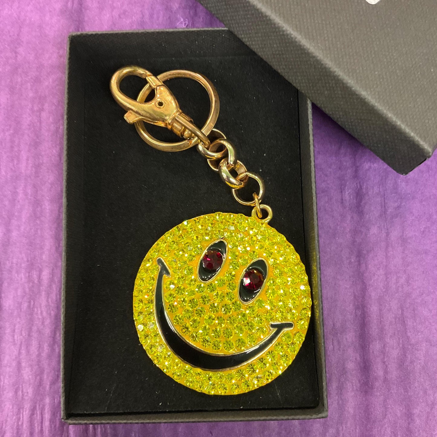 Vintage Butler and Wilson Large Smiley Face Crystal Handbag Charm/ Keyring, Gold tone with enamel and yellow rhinestones