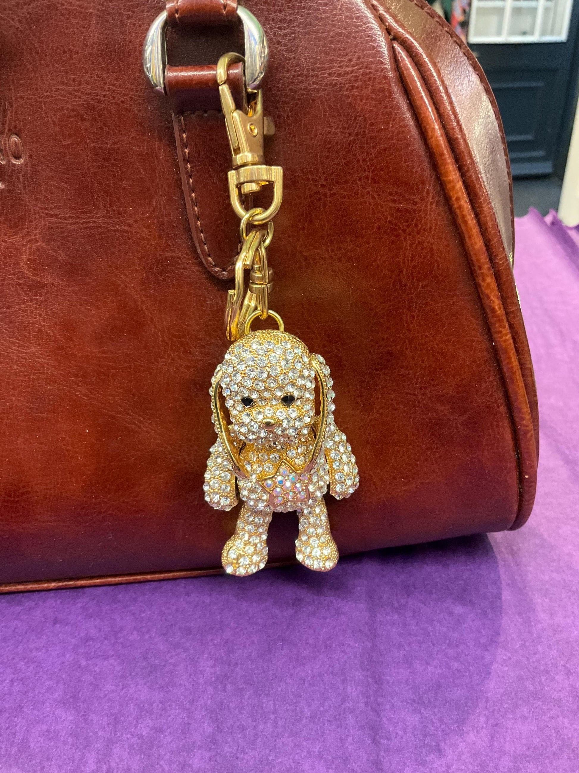 Vintage Butler and Wilson Large Crystal Puppy Handbag Charm / Keyring, Gold tone with silver & Borealis Rhinestones p, Dog lover gift