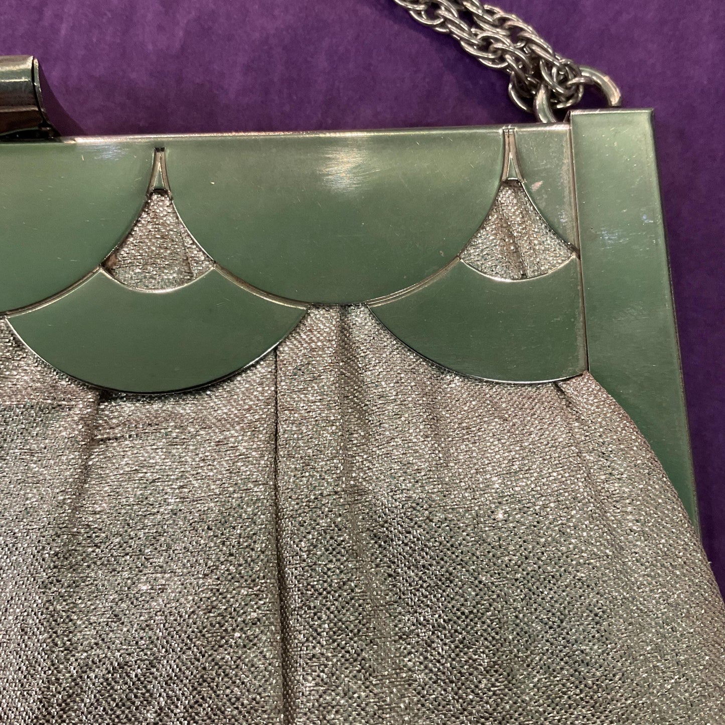 Vintage Mid Century Silver Lurex Evening Bag, Metallic fabric and Art Deco Style Frame