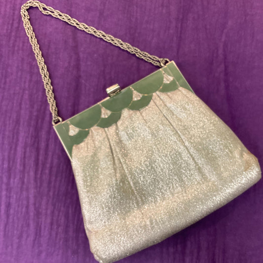 Vintage Mid Century Silver Lurex Evening Bag, Metallic fabric and Art Deco Style Frame