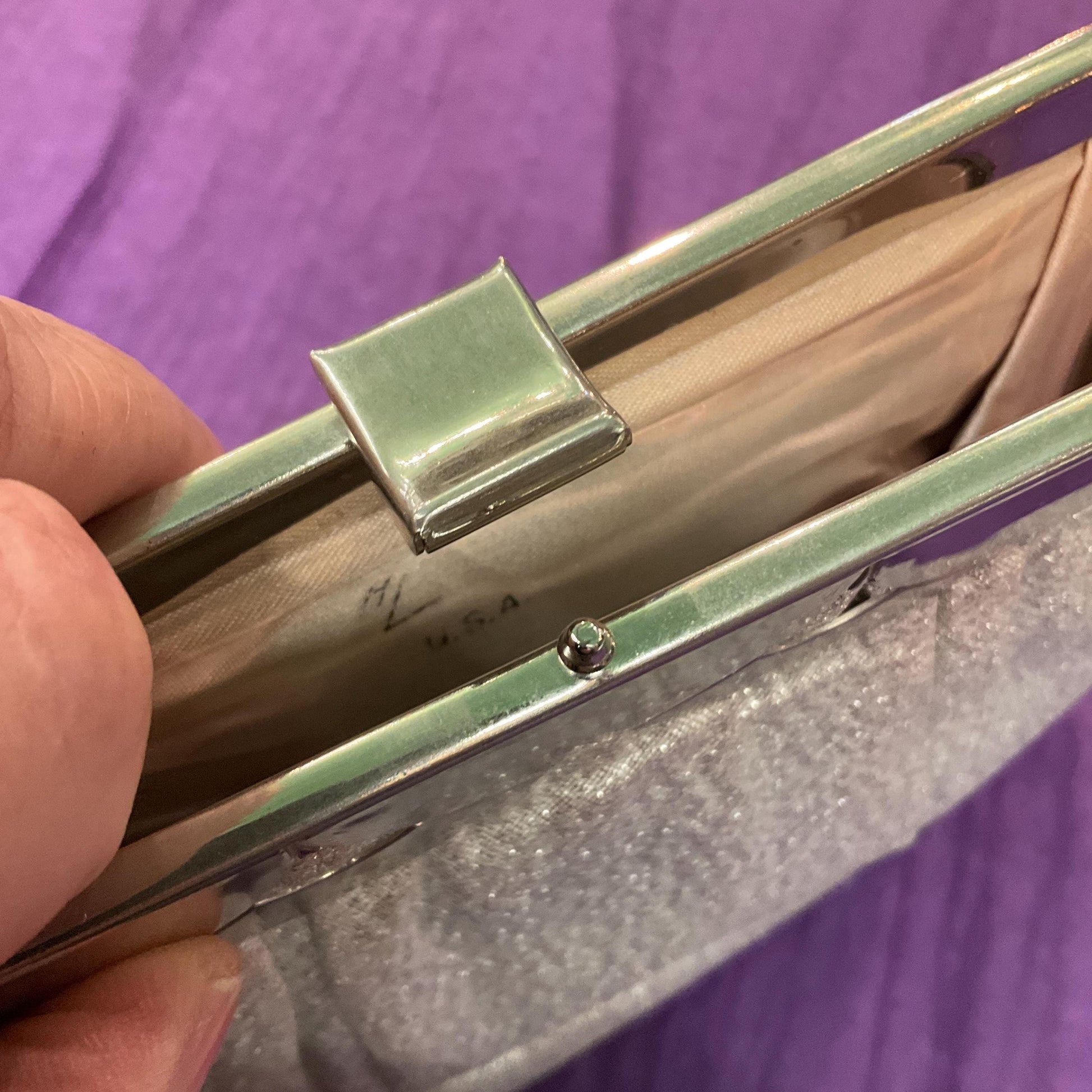 Vintage Mid Century Silver Lurex Evening Bag, Metallic fabric and Art Deco Style Frame