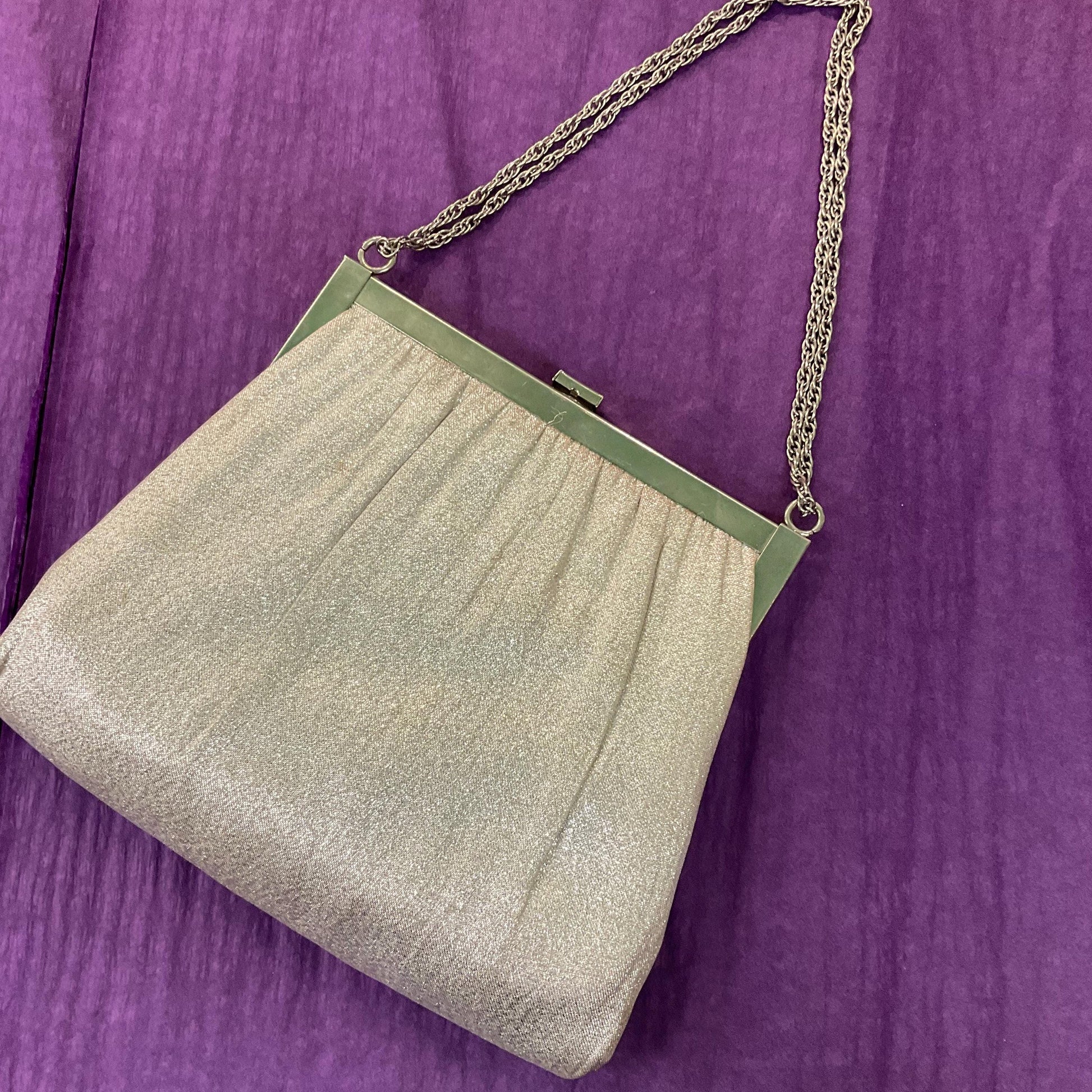 Vintage Mid Century Silver Lurex Evening Bag, Metallic fabric and Art Deco Style Frame