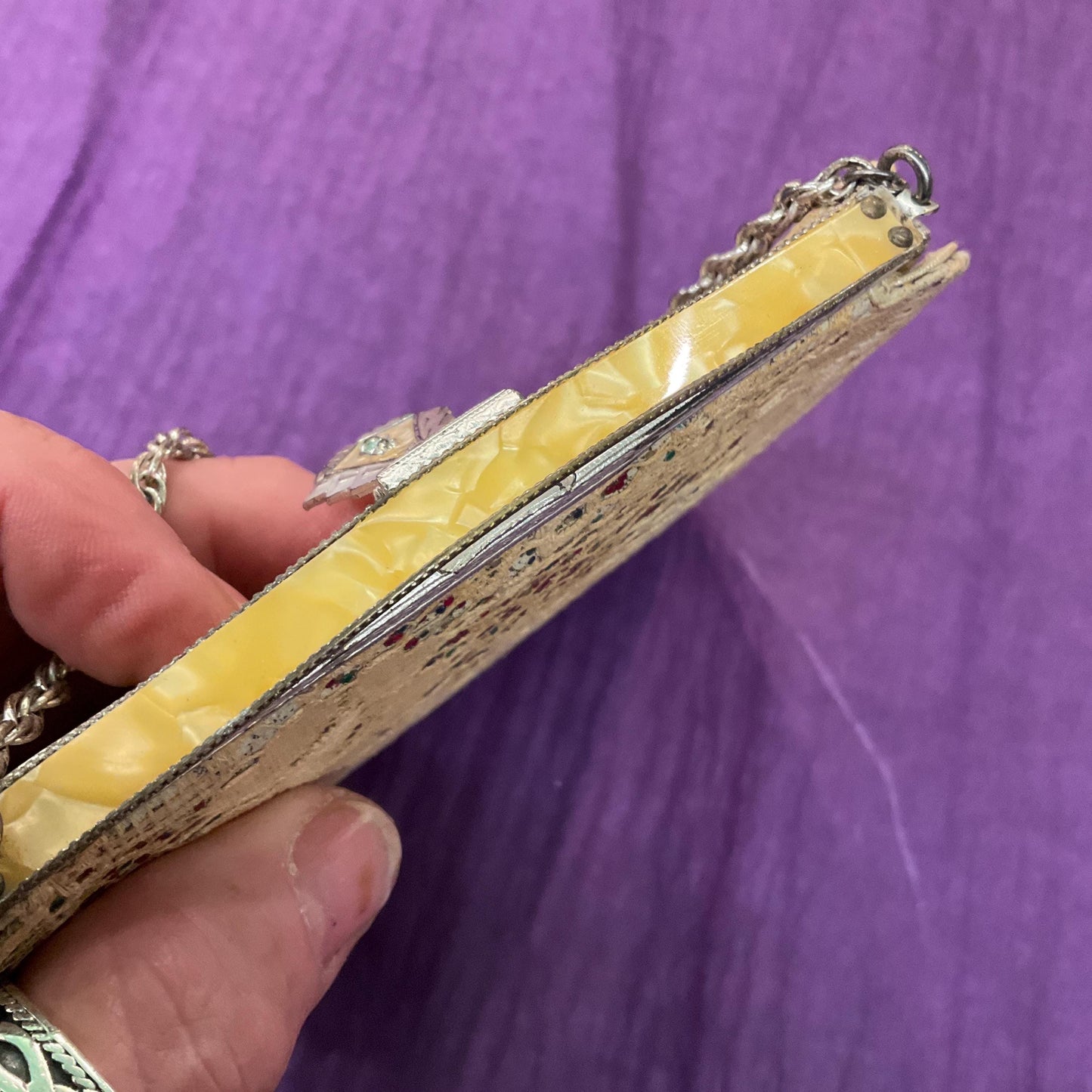 Antique Art Deco Evening Bag by CFR, Rainbow Gitter with Lace overlay, PearlyLucite Frame and Crystal Clasp