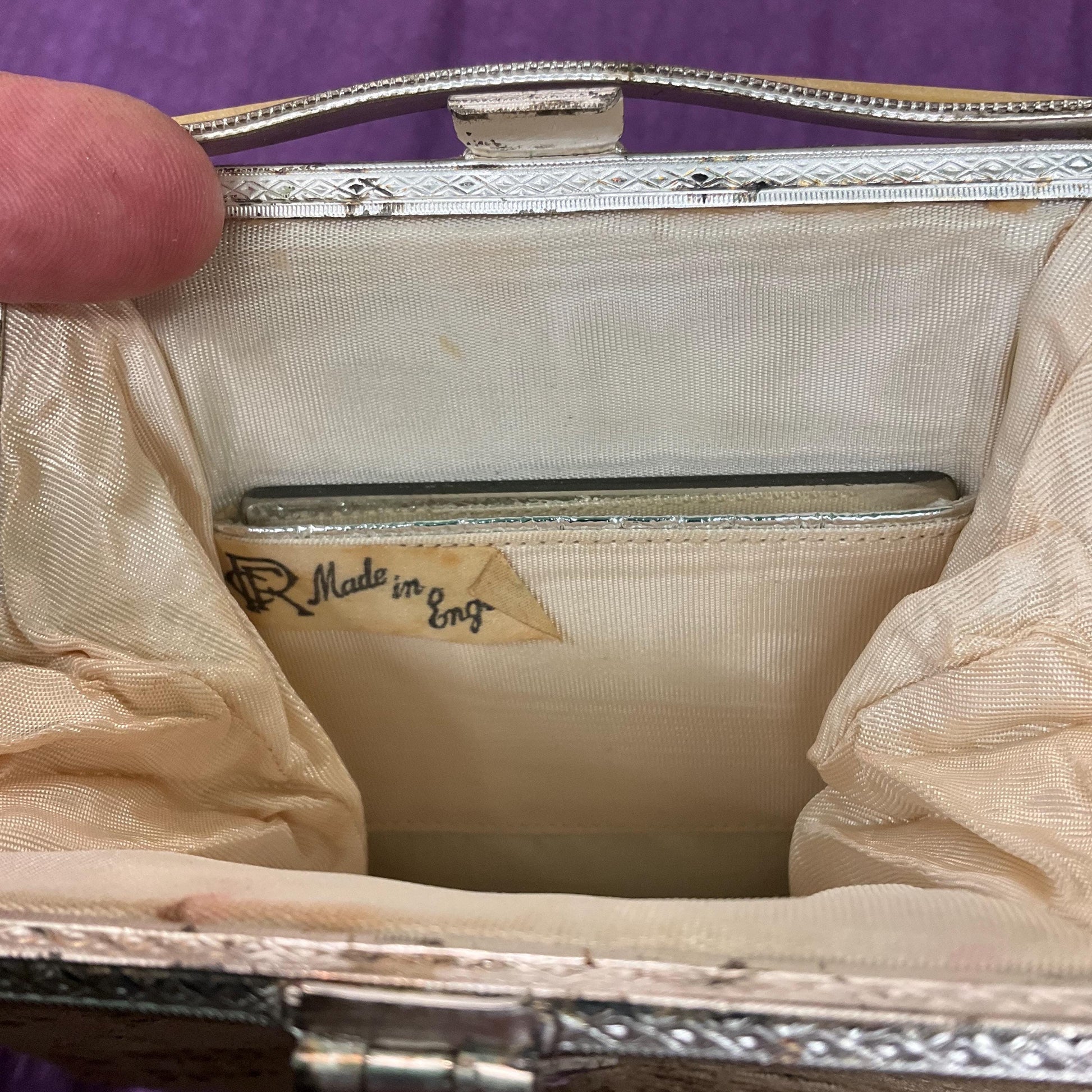 Antique Art Deco Evening Bag by CFR, Rainbow Gitter with Lace overlay, PearlyLucite Frame and Crystal Clasp