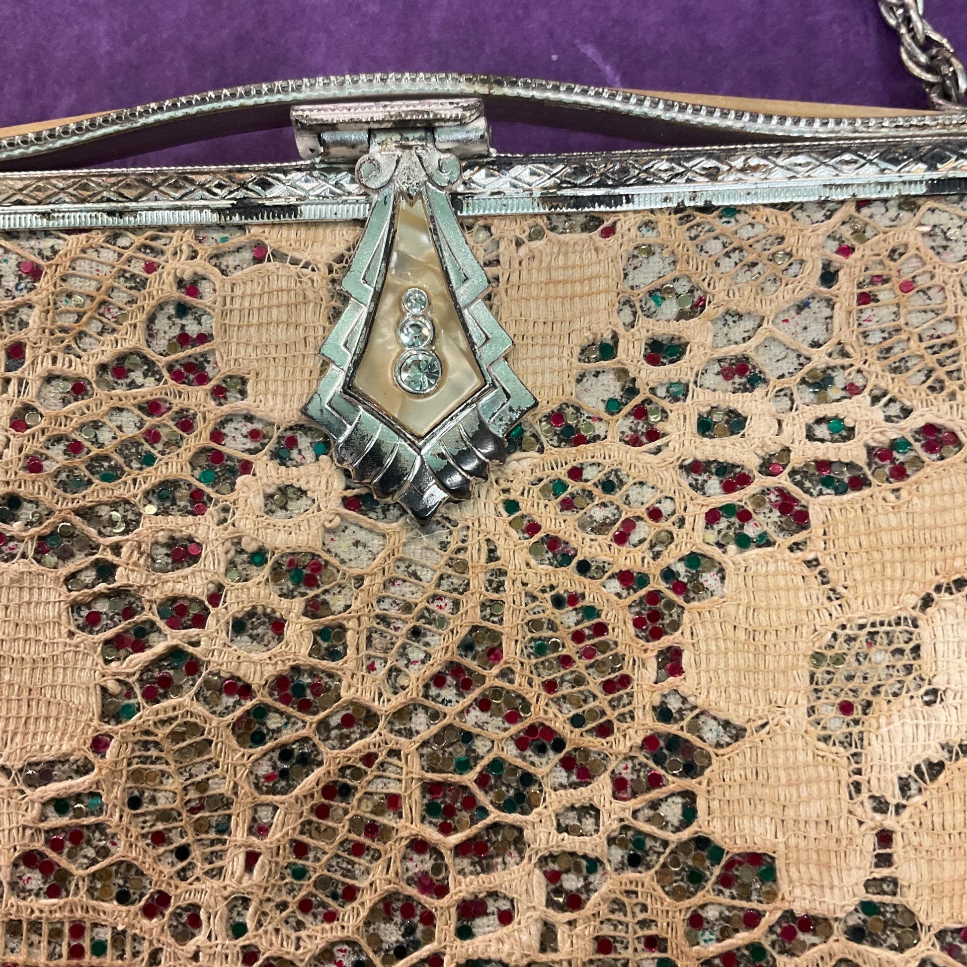 Antique Art Deco Evening Bag by CFR, Rainbow Gitter with Lace overlay, PearlyLucite Frame and Crystal Clasp
