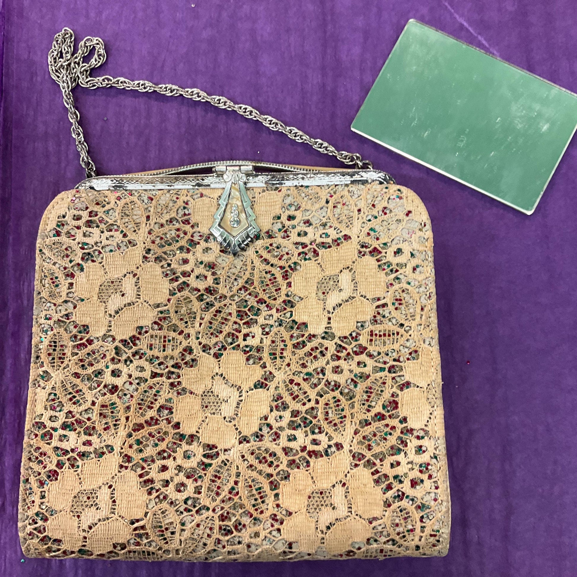 Antique Art Deco Evening Bag by CFR, Rainbow Gitter with Lace overlay, PearlyLucite Frame and Crystal Clasp