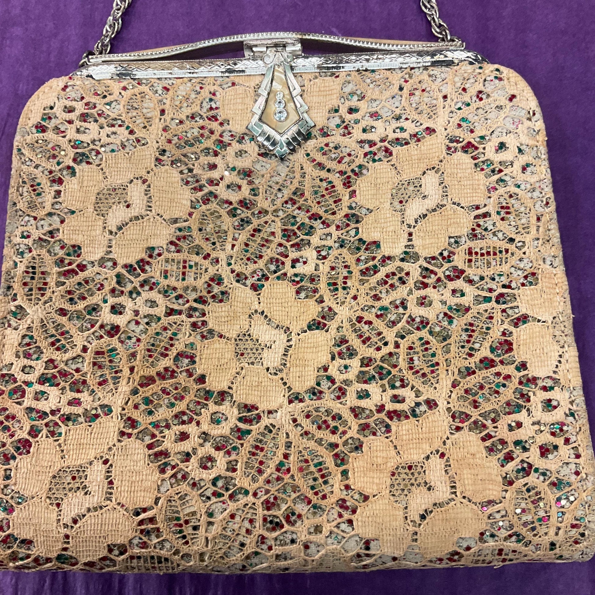 Antique Art Deco Evening Bag by CFR, Rainbow Gitter with Lace overlay, PearlyLucite Frame and Crystal Clasp