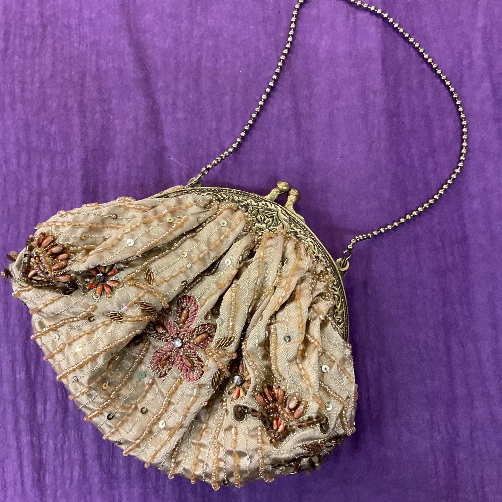 Vintage Bohemian Style Old Gold Satin Floral Beaded Evening Bag, Beautifully Embellished with earthy colours of beads and sequins