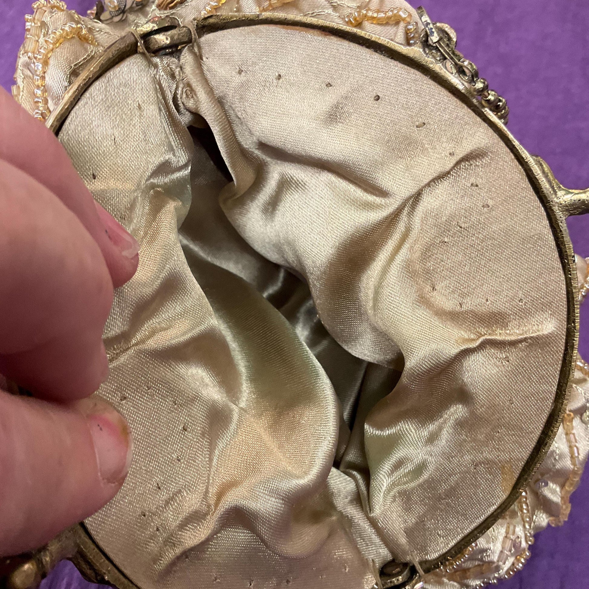 Vintage Bohemian Style Old Gold Satin Floral Beaded Evening Bag, Beautifully Embellished with earthy colours of beads and sequins