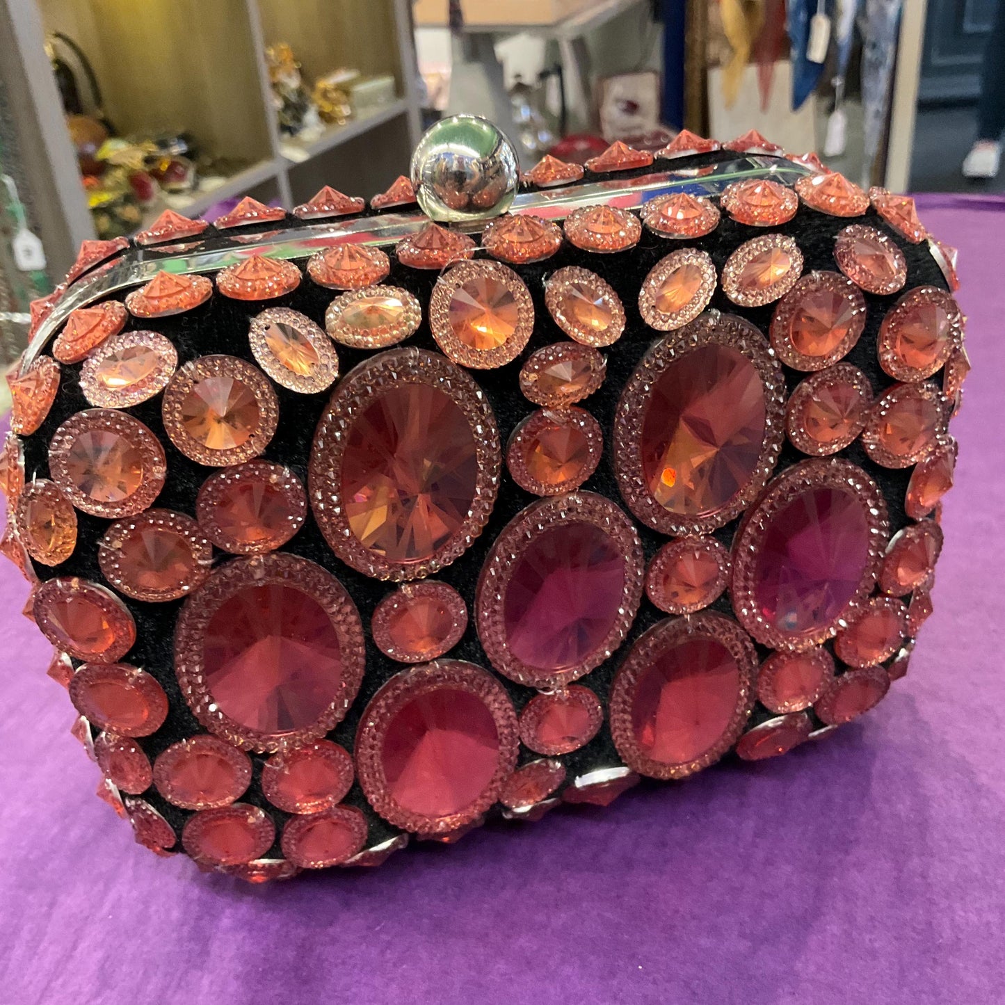 Vintage Butler and Wilson Black Velvet Bejewelled Evening Bag , Rose gold and copper Cabuchons, clutch or Shoulder Bag