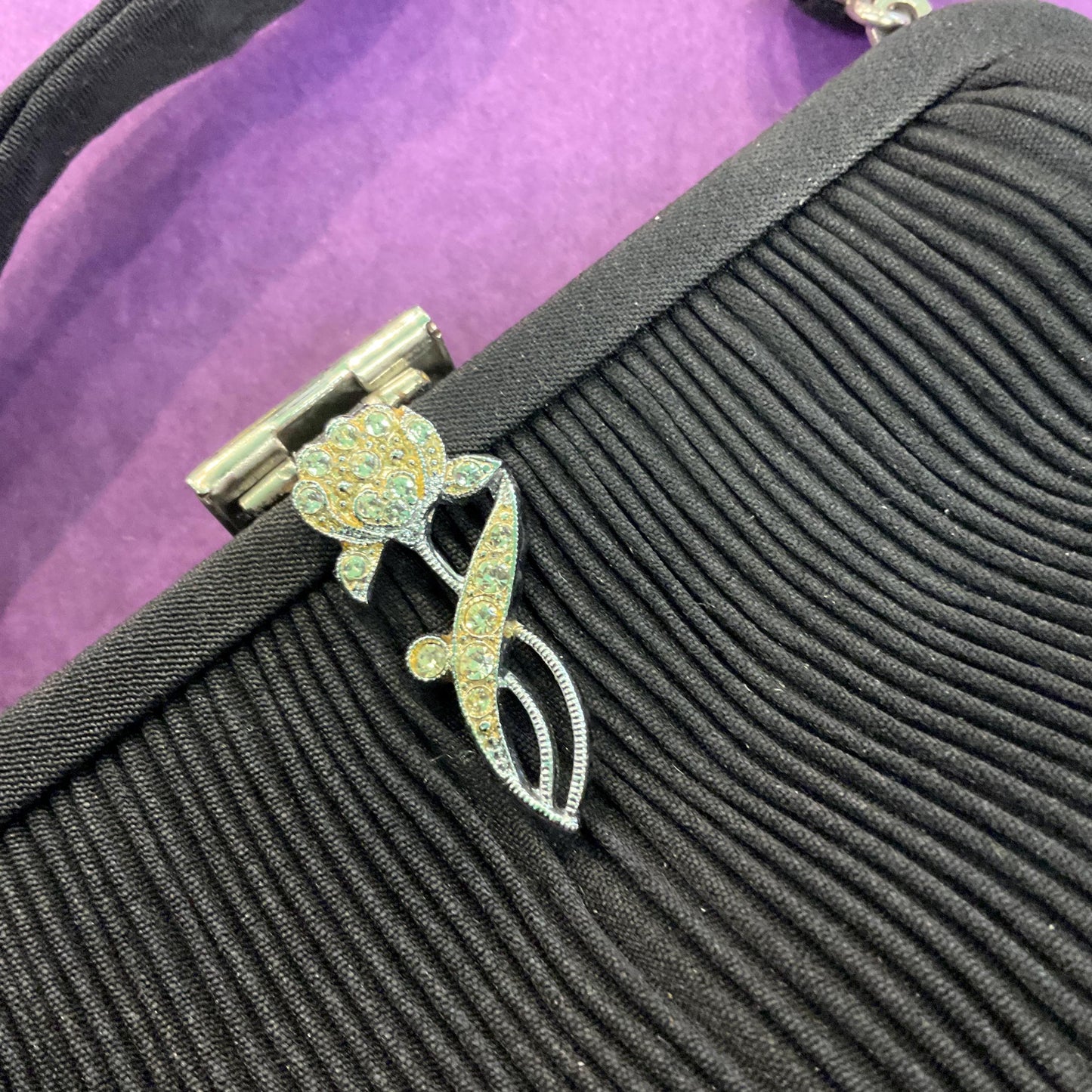 Antique Art Deco Black Crepe Silk Evening Bag by CFR, silver flower clasp, original vanity mirror and George VI sixpence