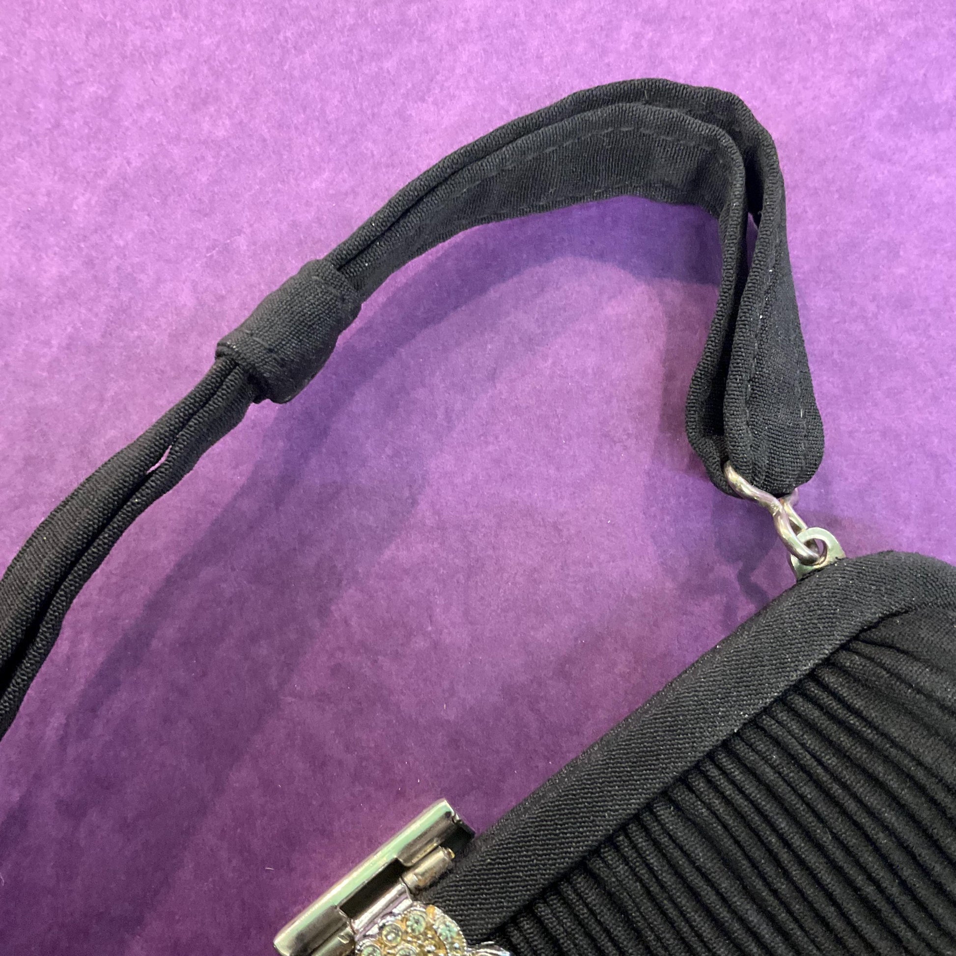 Antique Art Deco Black Crepe Silk Evening Bag by CFR, silver flower clasp, original vanity mirror and George VI sixpence