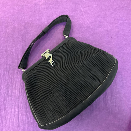 Antique Art Deco Black Crepe Silk Evening Bag by CFR, silver flower clasp, original vanity mirror and George VI sixpence