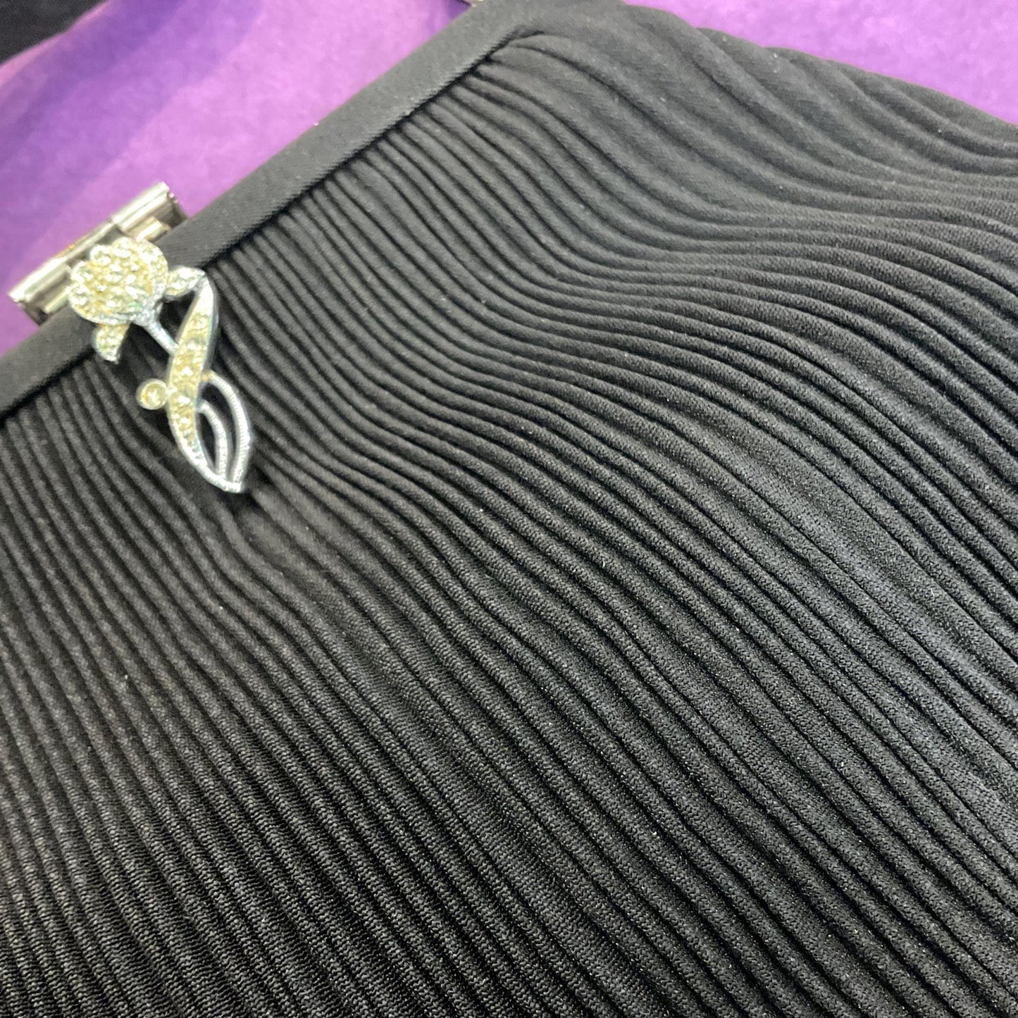 Antique Art Deco Black Crepe Silk Evening Bag by CFR, silver flower clasp, original vanity mirror and George VI sixpence