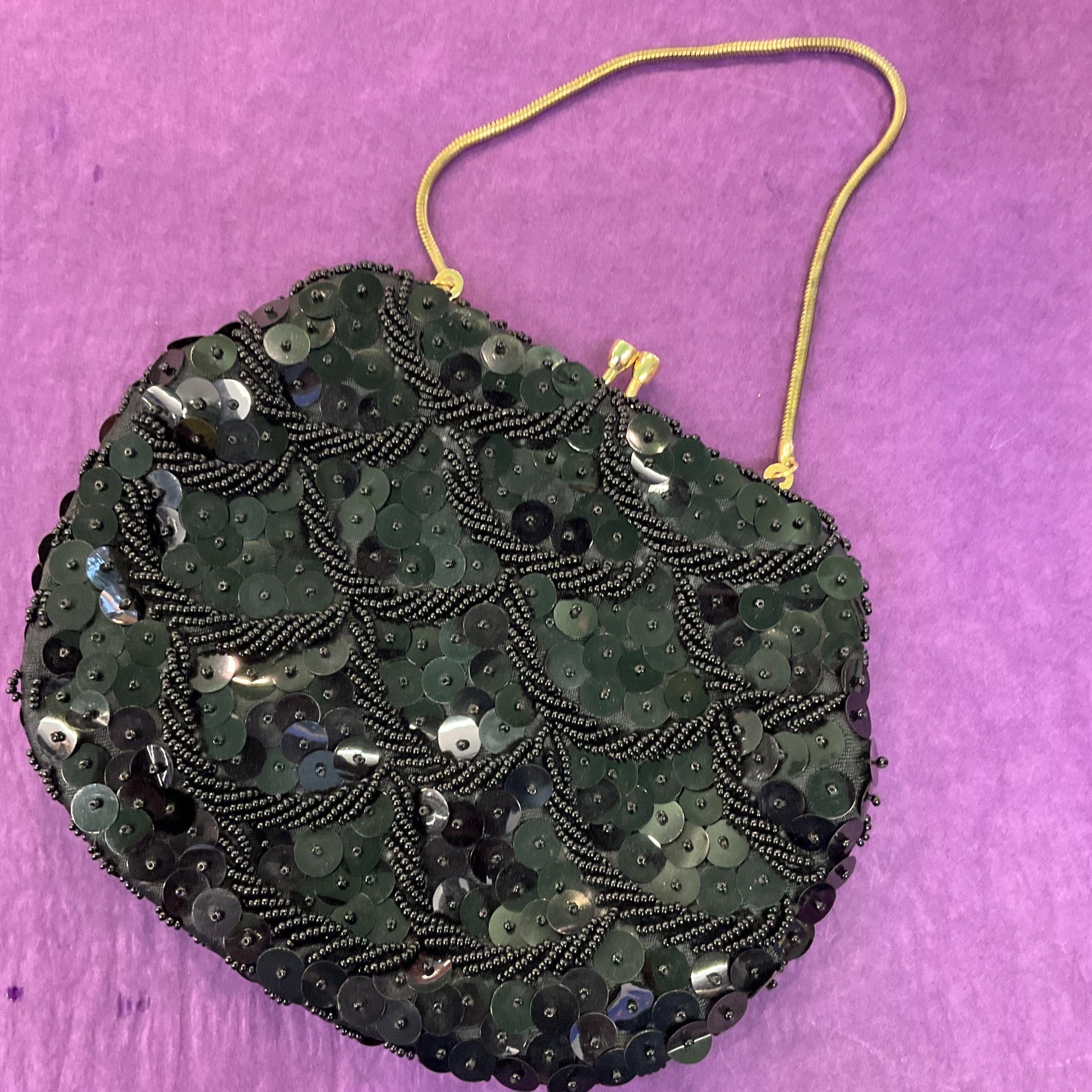 Vintage 1950s Black Beaded Evening Bag , Black satin with seed beads and sequins, formal event