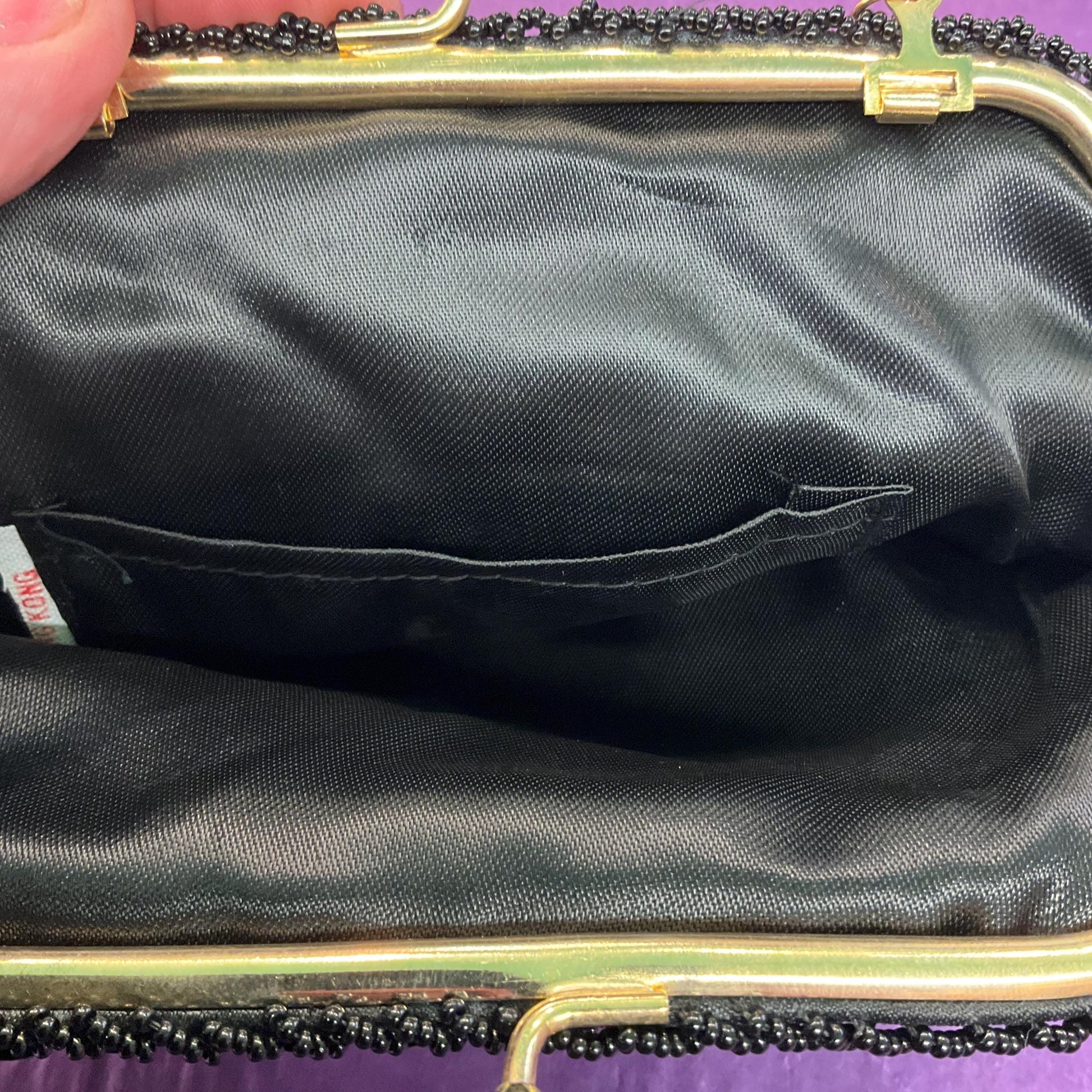 Vintage 1950s Black Beaded Evening Bag , Black satin with seed beads and sequins, formal event