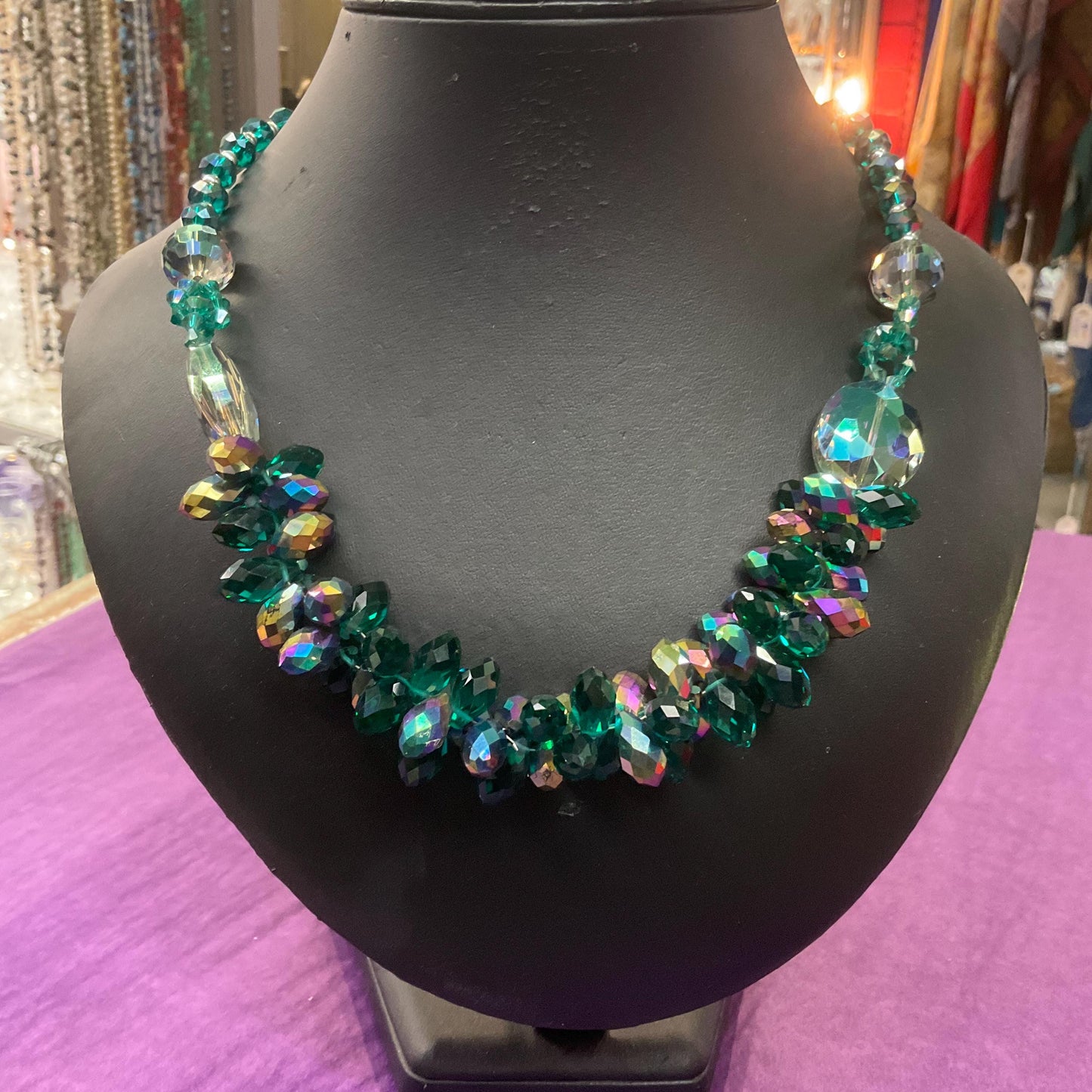 Vintage Butler and Wilson Jade Green Statement Crystal necklace, Faceted rainbow crystals, signed I original box.