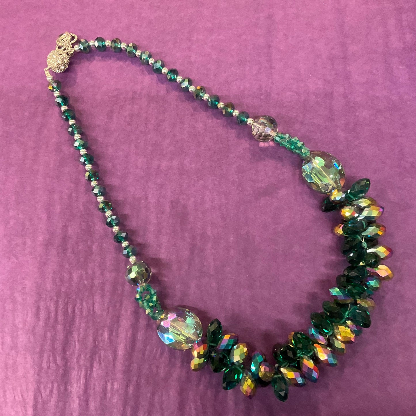 Vintage Butler and Wilson Jade Green Statement Crystal necklace, Faceted rainbow crystals, signed I original box.