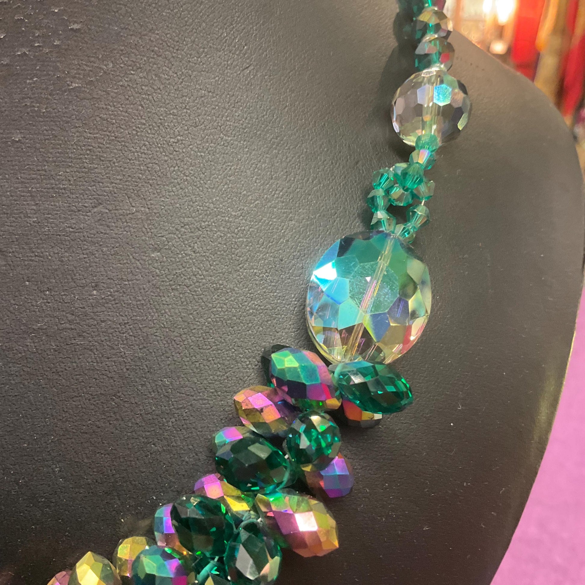 Vintage Butler and Wilson Jade Green Statement Crystal necklace, Faceted rainbow crystals, signed I original box.