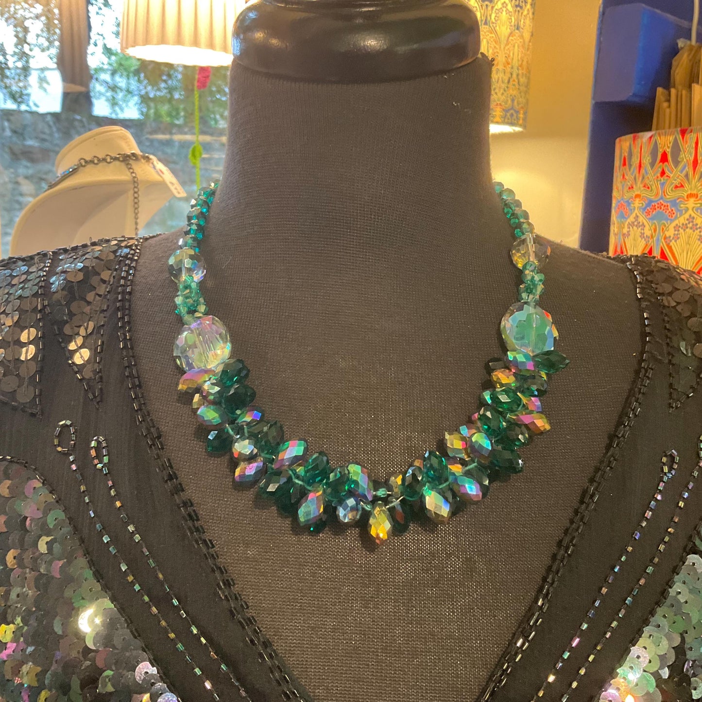 Vintage Butler and Wilson Jade Green Statement Crystal necklace, Faceted rainbow crystals, signed I original box.