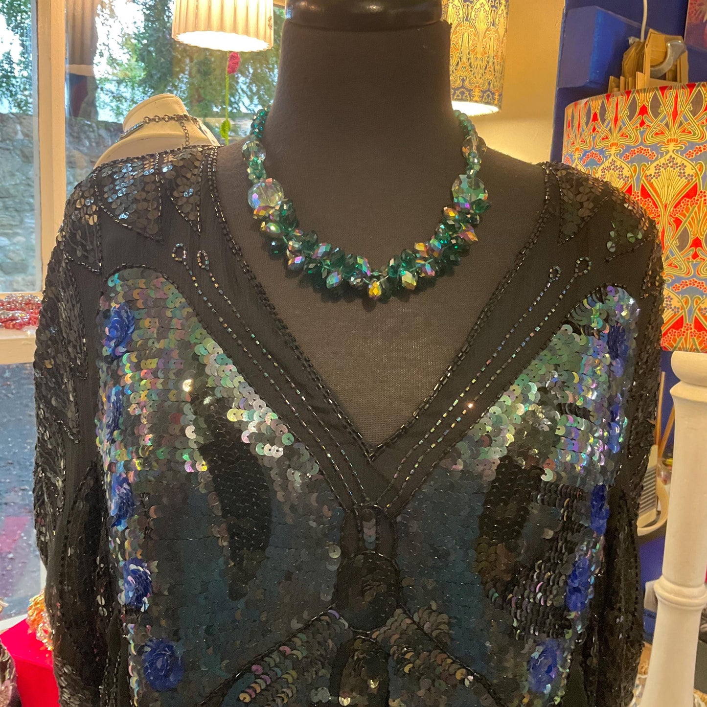 Vintage Butler and Wilson Jade Green Statement Crystal necklace, Faceted rainbow crystals, signed I original box.