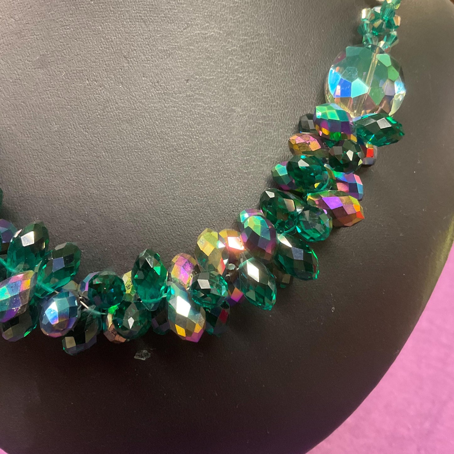 Vintage Butler and Wilson Jade Green Statement Crystal necklace, Faceted rainbow crystals, signed I original box.