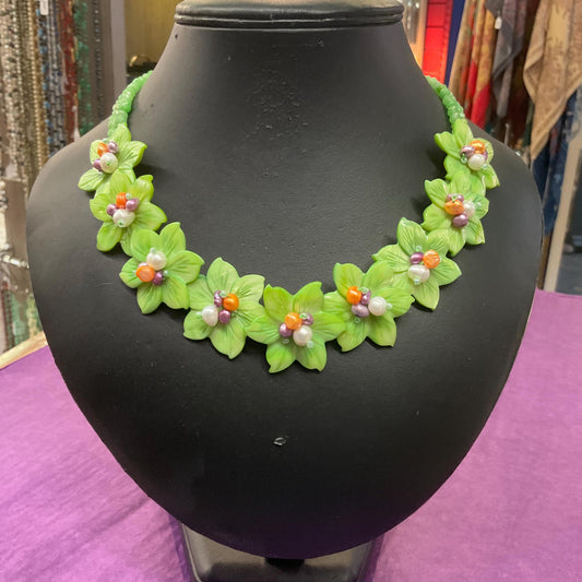 Vintage Butler and Wilson Green Flower Garland Fresh Water Pearl and Crystal Statement Necklace, Signed in original box