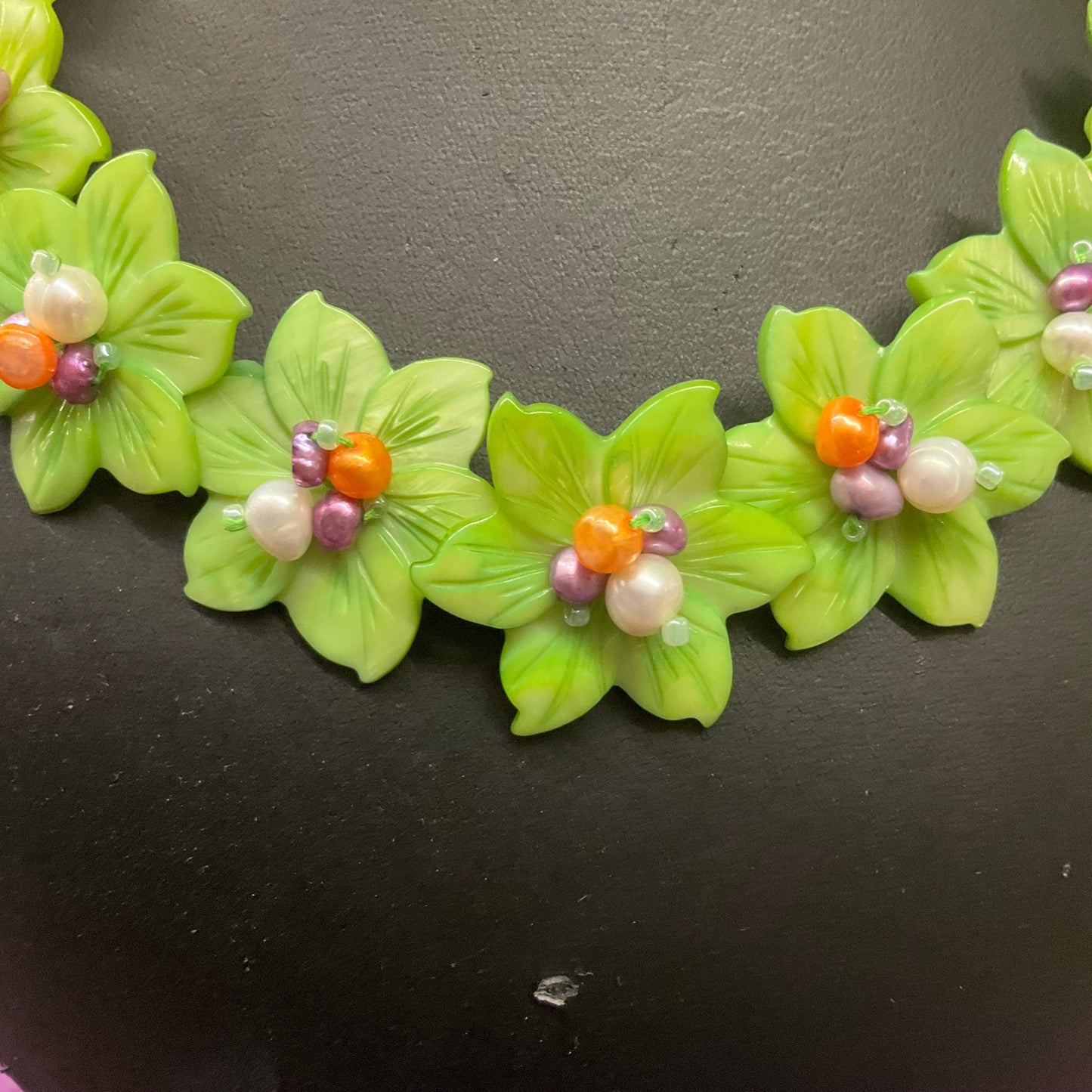 Vintage Butler and Wilson Green Flower Garland Fresh Water Pearl and Crystal Statement Necklace, Signed in original box