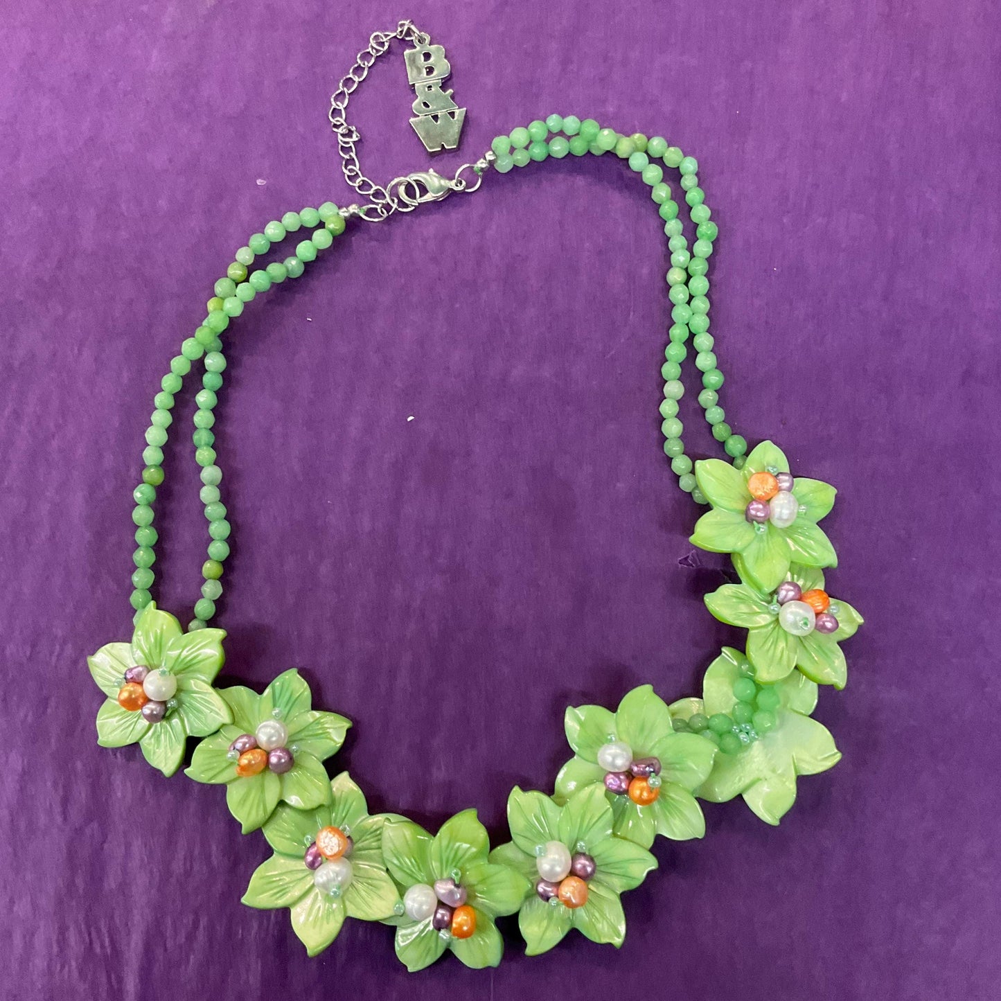 Vintage Butler and Wilson Green Flower Garland Fresh Water Pearl and Crystal Statement Necklace, Signed in original box