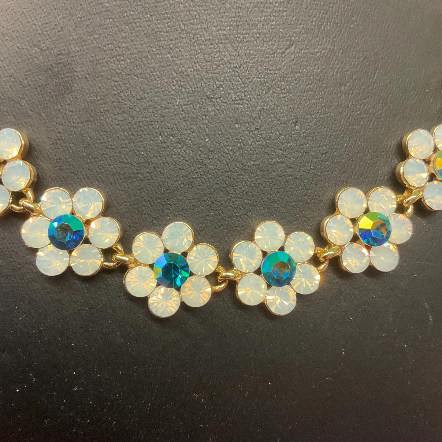 Vintage Butler and Wilson Opalite and Jade Borealis Crystal Daisy Necklace, Gold tone with Iridescent Crystals, Signed in original box