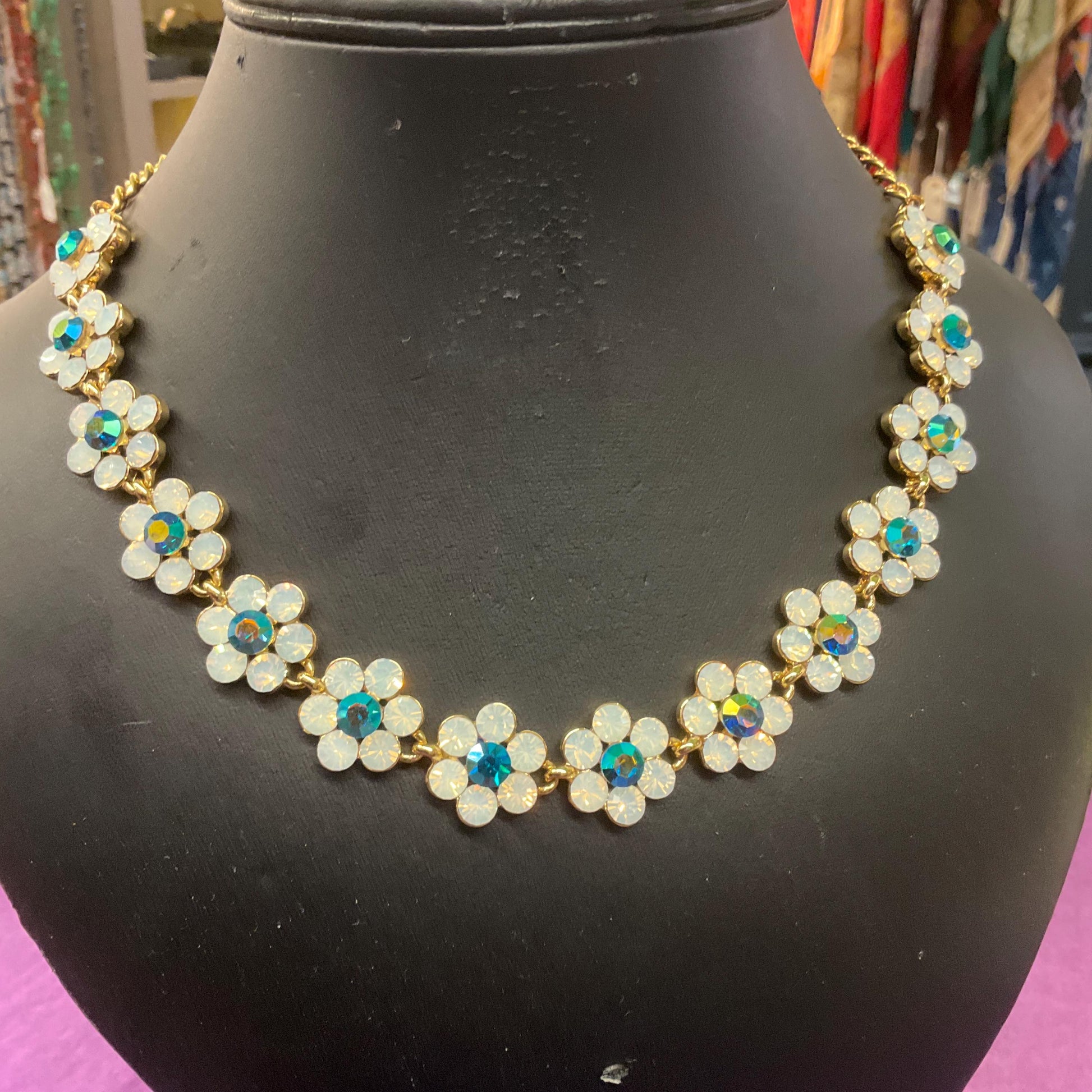 Vintage Butler and Wilson Opalite and Jade Borealis Crystal Daisy Necklace, Gold tone with Iridescent Crystals, Signed in original box