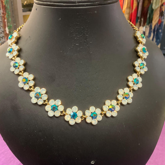 Vintage Butler and Wilson Opalite and Jade Borealis Crystal Daisy Necklace, Gold tone with Iridescent Crystals, Signed in original box