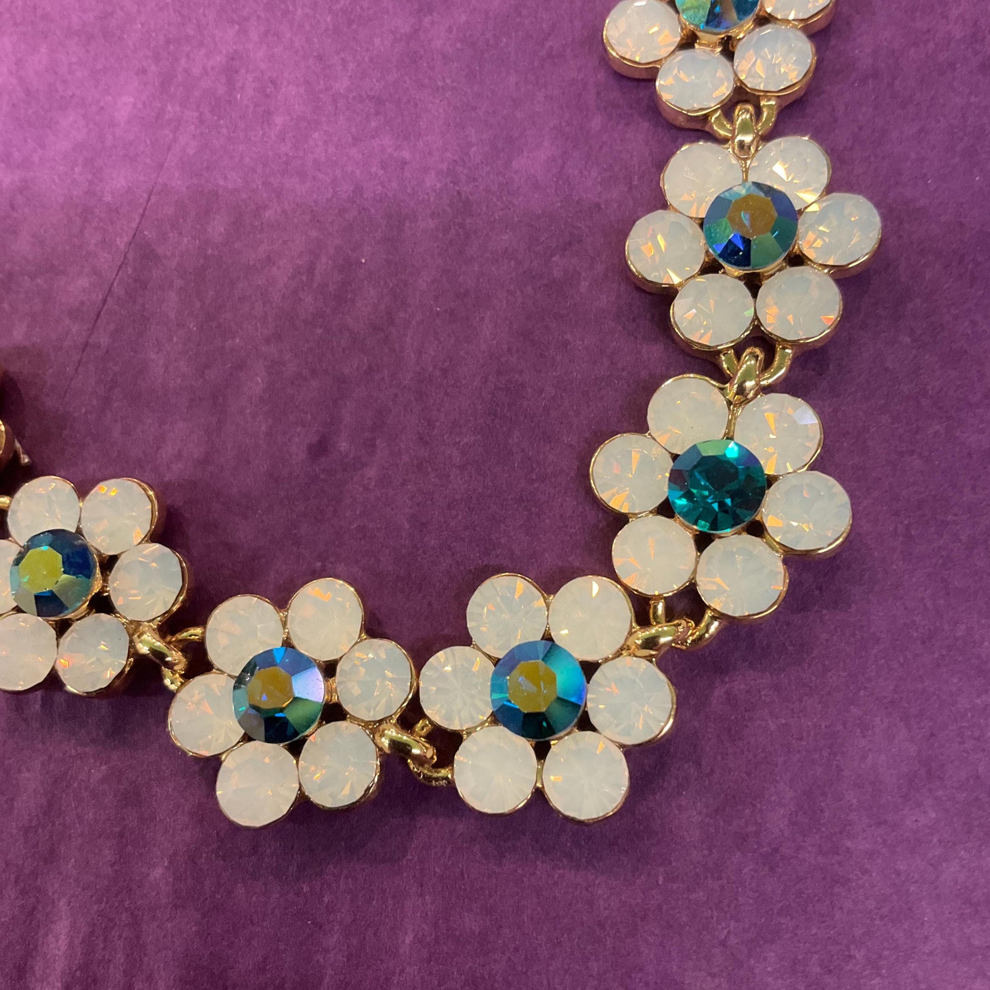 Vintage Butler and Wilson Opalite and Jade Borealis Crystal Daisy Necklace, Gold tone with Iridescent Crystals, Signed in original box