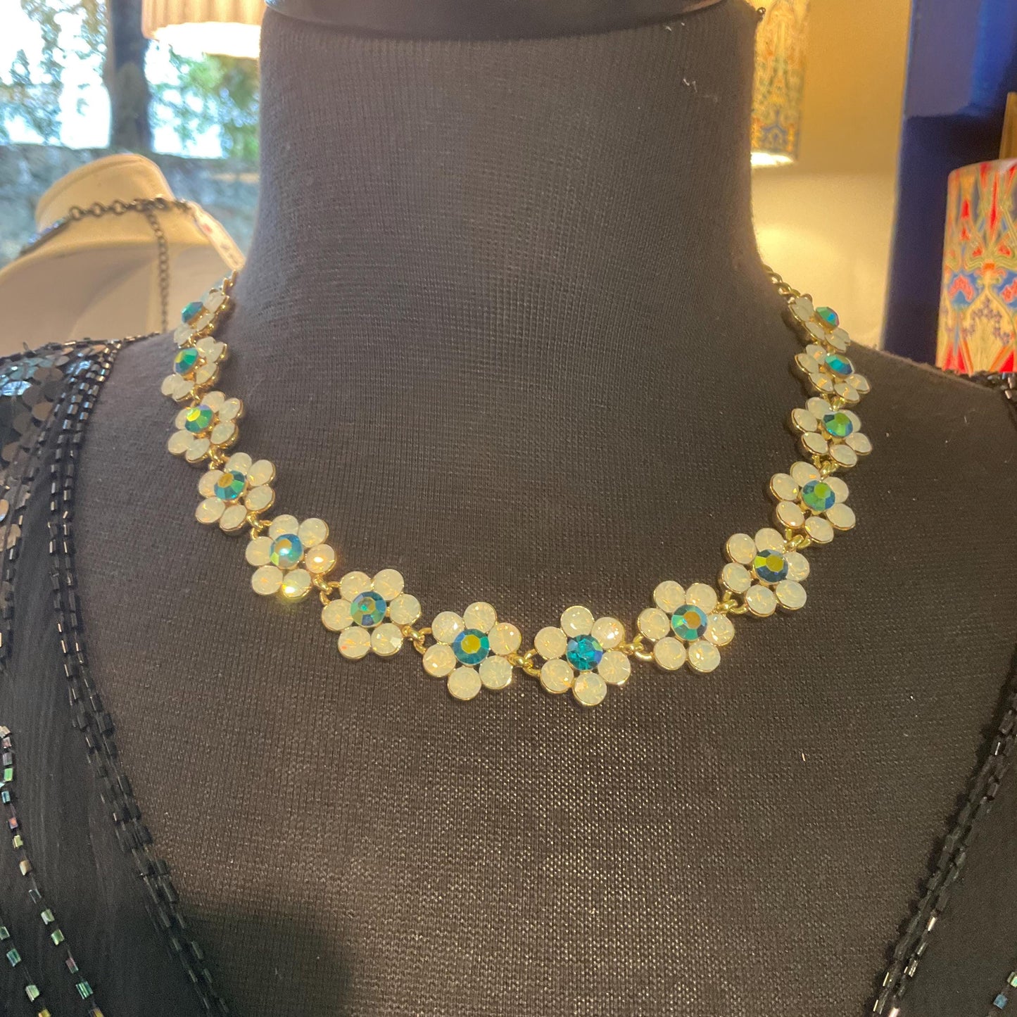 Vintage Butler and Wilson Opalite and Jade Borealis Crystal Daisy Necklace, Gold tone with Iridescent Crystals, Signed in original box