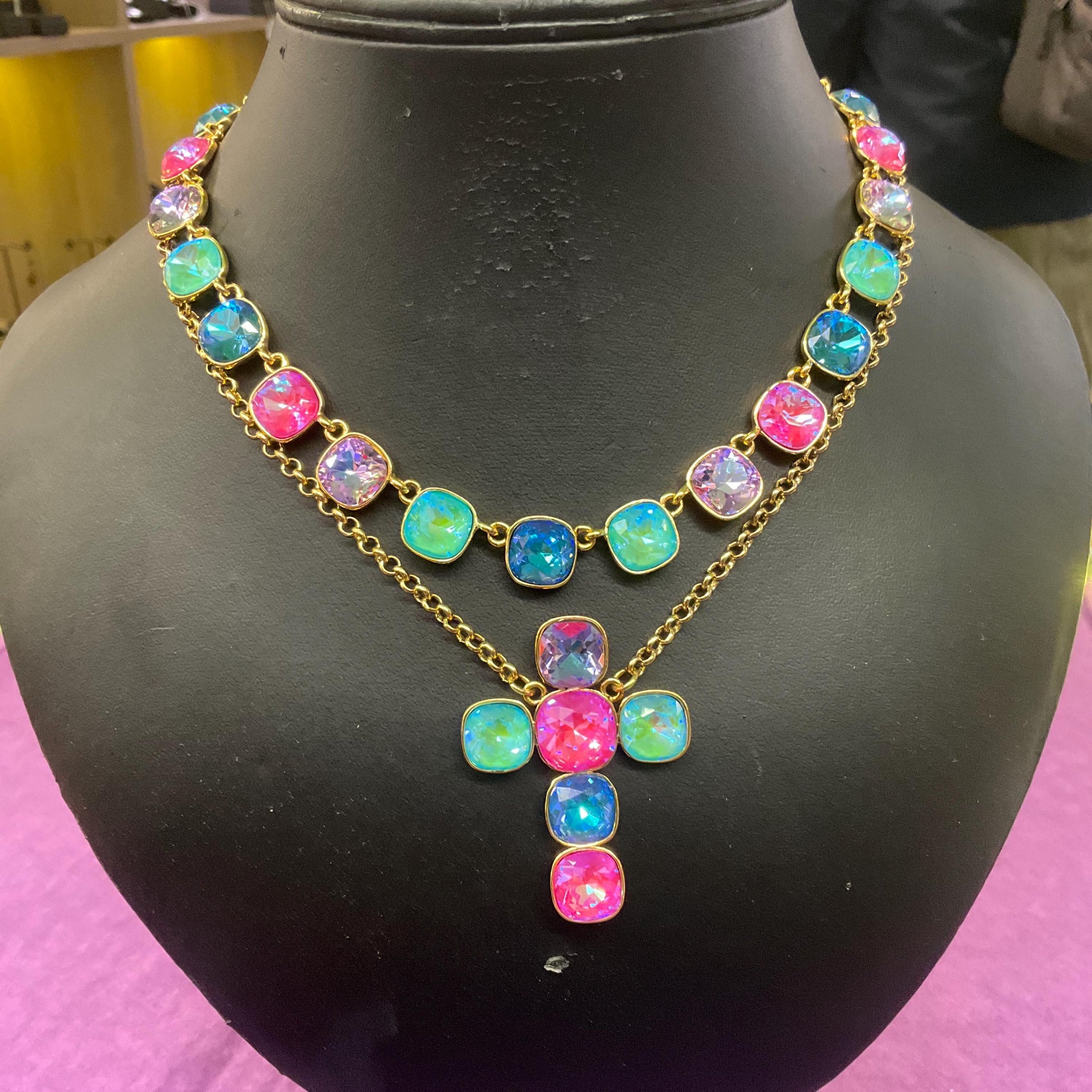 Vintage Butler and Wilson Borealis Crystal Double Strand Cross Necklace, Gold tone with Bright Pastel Faceted Crystals, Signed in box