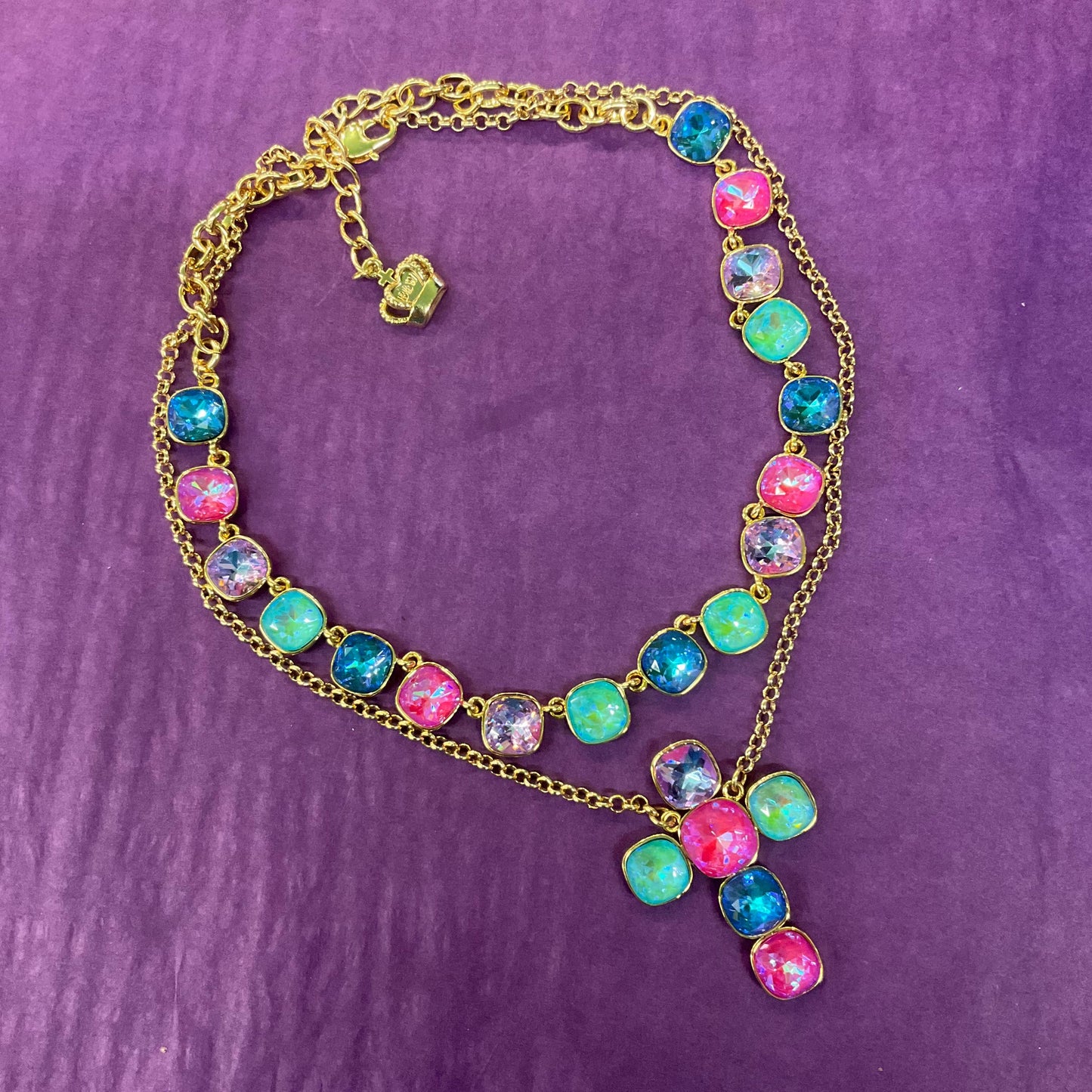 Vintage Butler and Wilson Borealis Crystal Double Strand Cross Necklace, Gold tone with Bright Pastel Faceted Crystals, Signed in box