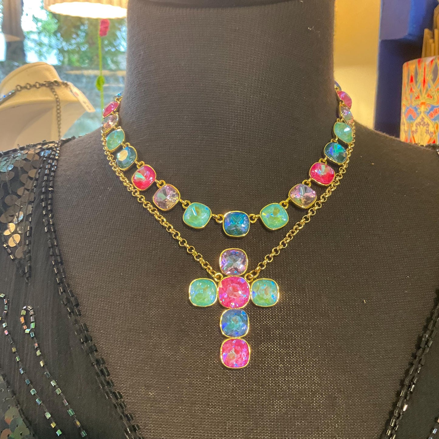 Vintage Butler and Wilson Borealis Crystal Double Strand Cross Necklace, Gold tone with Bright Pastel Faceted Crystals, Signed in box