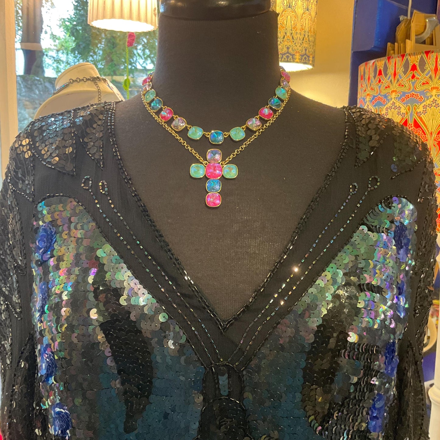 Vintage Butler and Wilson Borealis Crystal Double Strand Cross Necklace, Gold tone with Bright Pastel Faceted Crystals, Signed in box