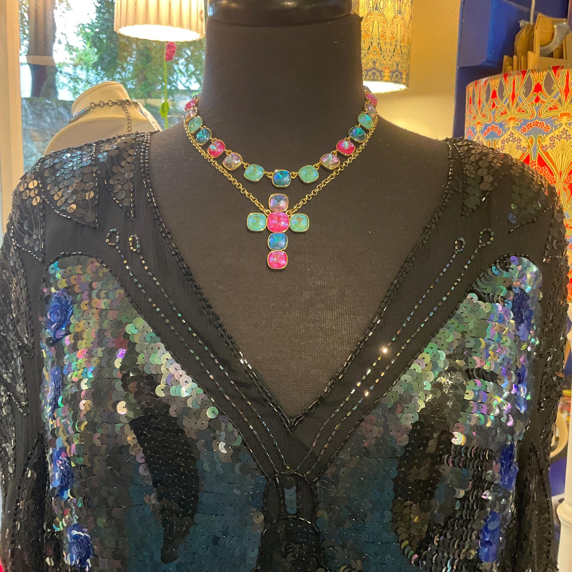 Vintage Butler and Wilson Borealis Crystal Double Strand Cross Necklace, Gold tone with Bright Pastel Faceted Crystals, Signed in box