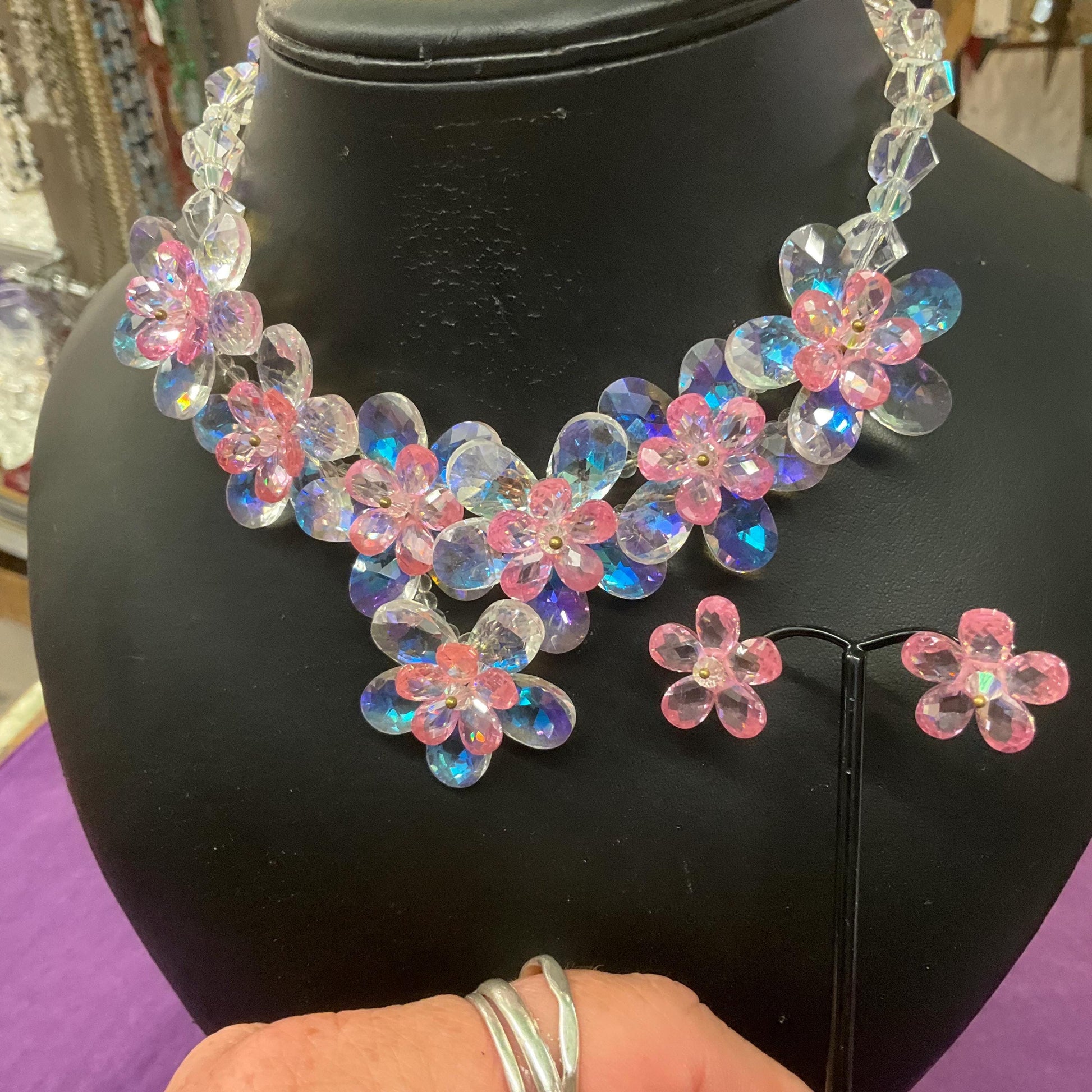 Vintage Butler and wilson Crystal Pale Pink Flower Garland Neckace and Stud Earring Set, sparkling Borealis rainbow crystal