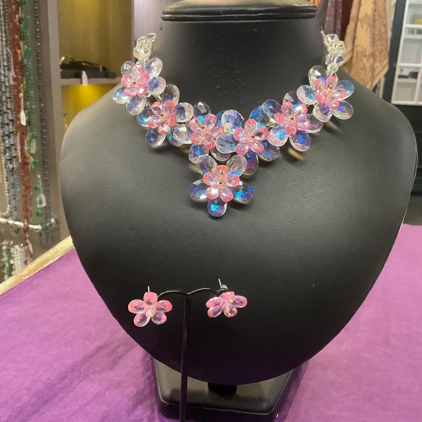 Vintage Butler and wilson Crystal Pale Pink Flower Garland Neckace and Stud Earring Set, sparkling Borealis rainbow crystal
