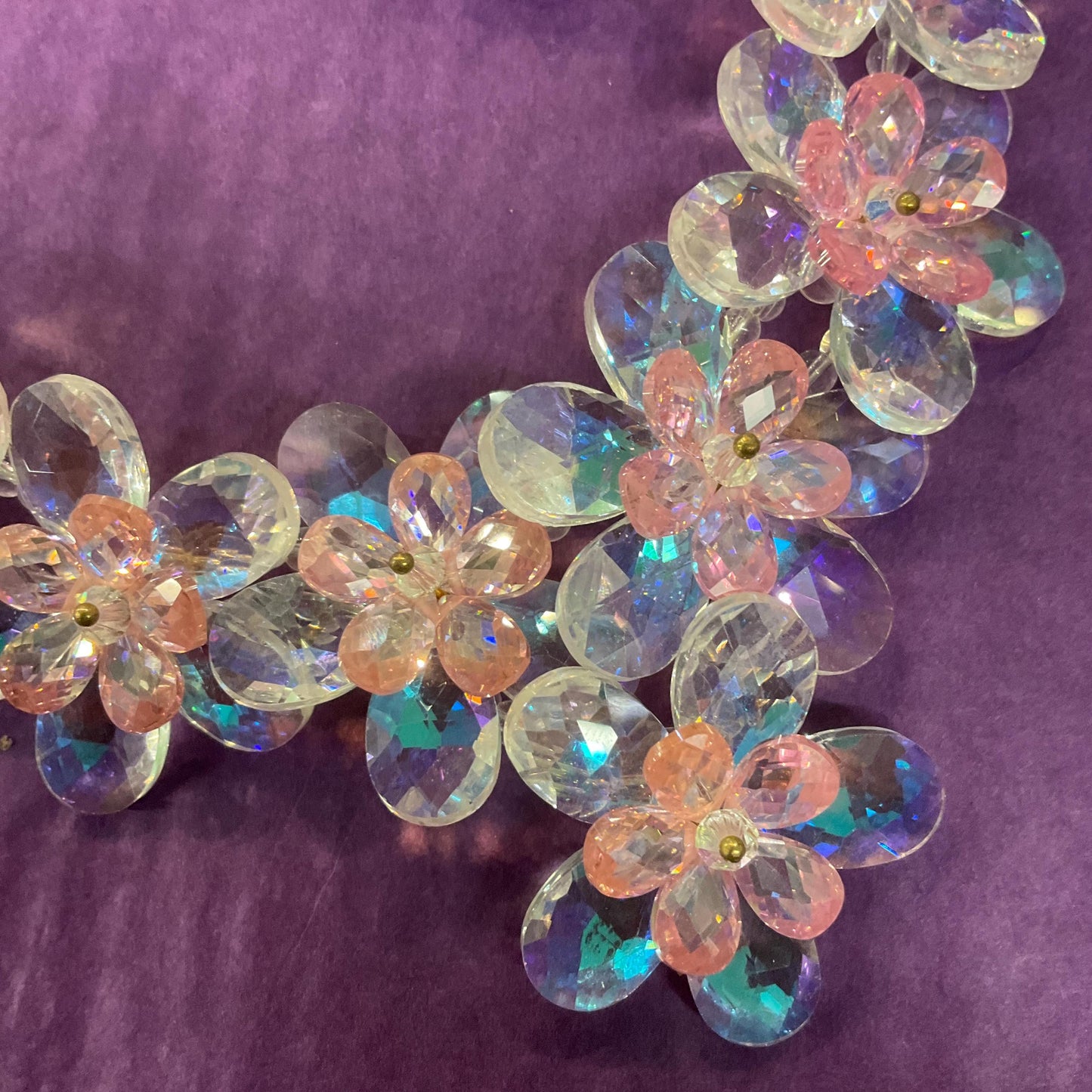 Vintage Butler and wilson Crystal Pale Pink Flower Garland Neckace and Stud Earring Set, sparkling Borealis rainbow crystal