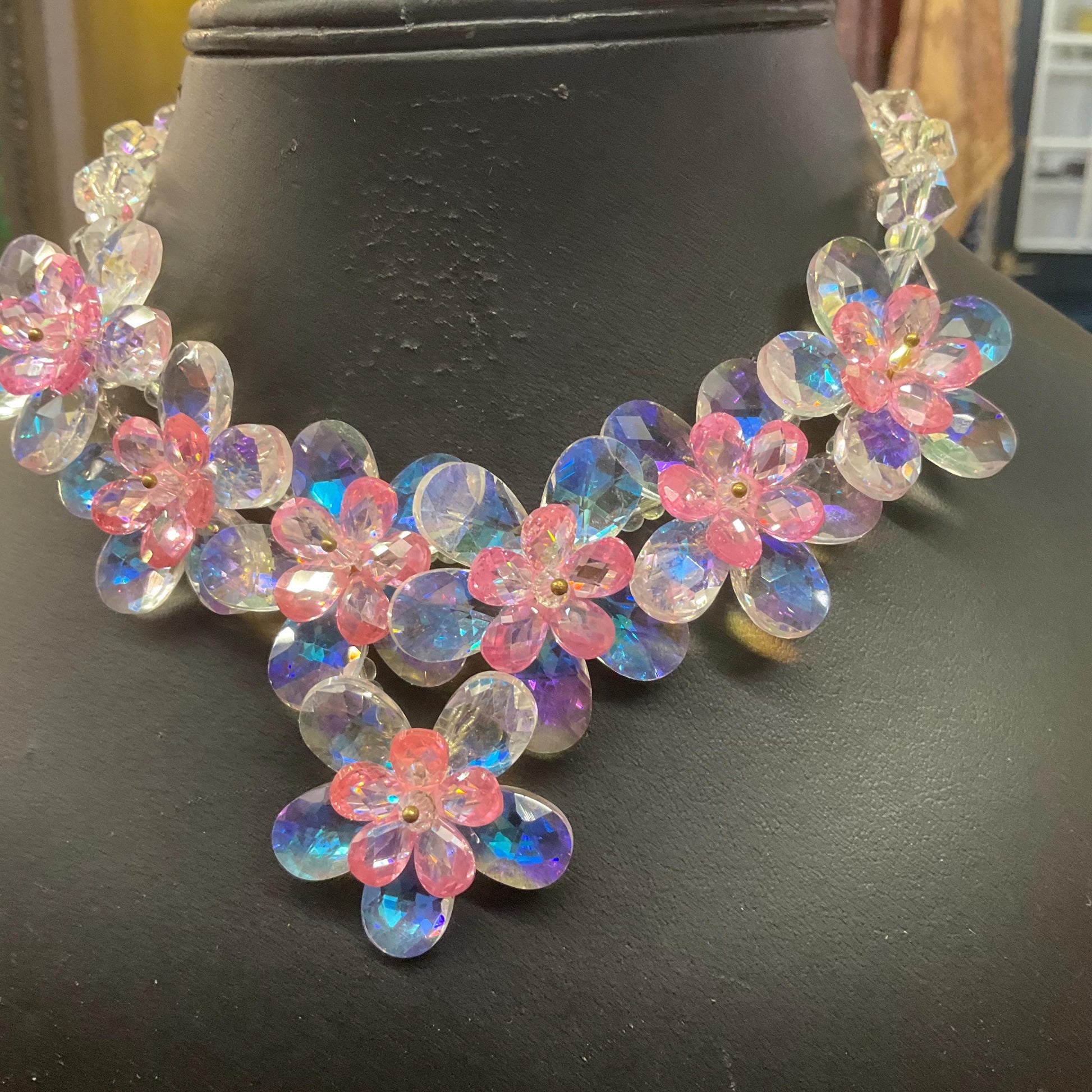 Vintage Butler and wilson Crystal Pale Pink Flower Garland Neckace and Stud Earring Set, sparkling Borealis rainbow crystal