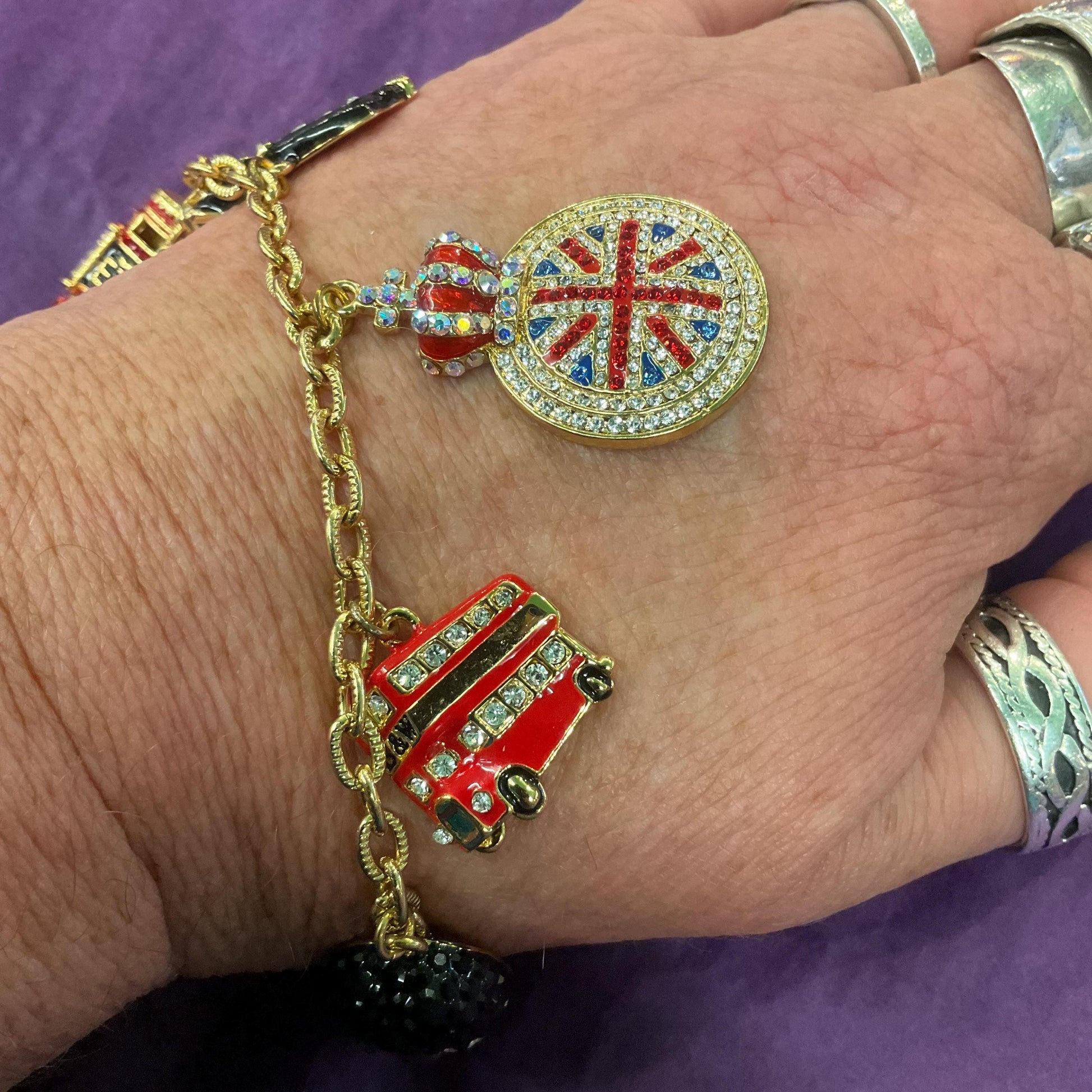 Vintage Butler and Wilson Crystal London Icons Charm Bracelet, Gold tone with enamel and multicoloured rhinestones, signed