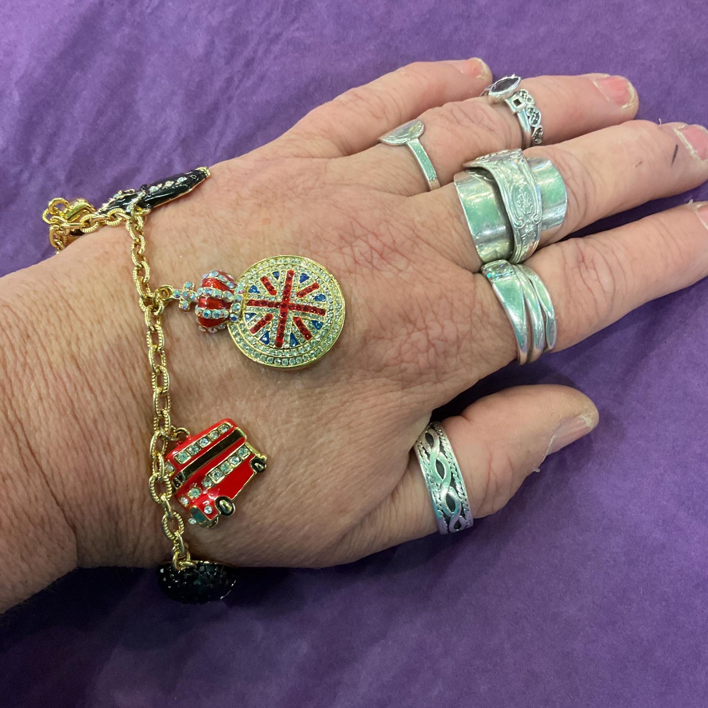 Vintage Butler and Wilson Crystal London Icons Charm Bracelet, Gold tone with enamel and multicoloured rhinestones, signed