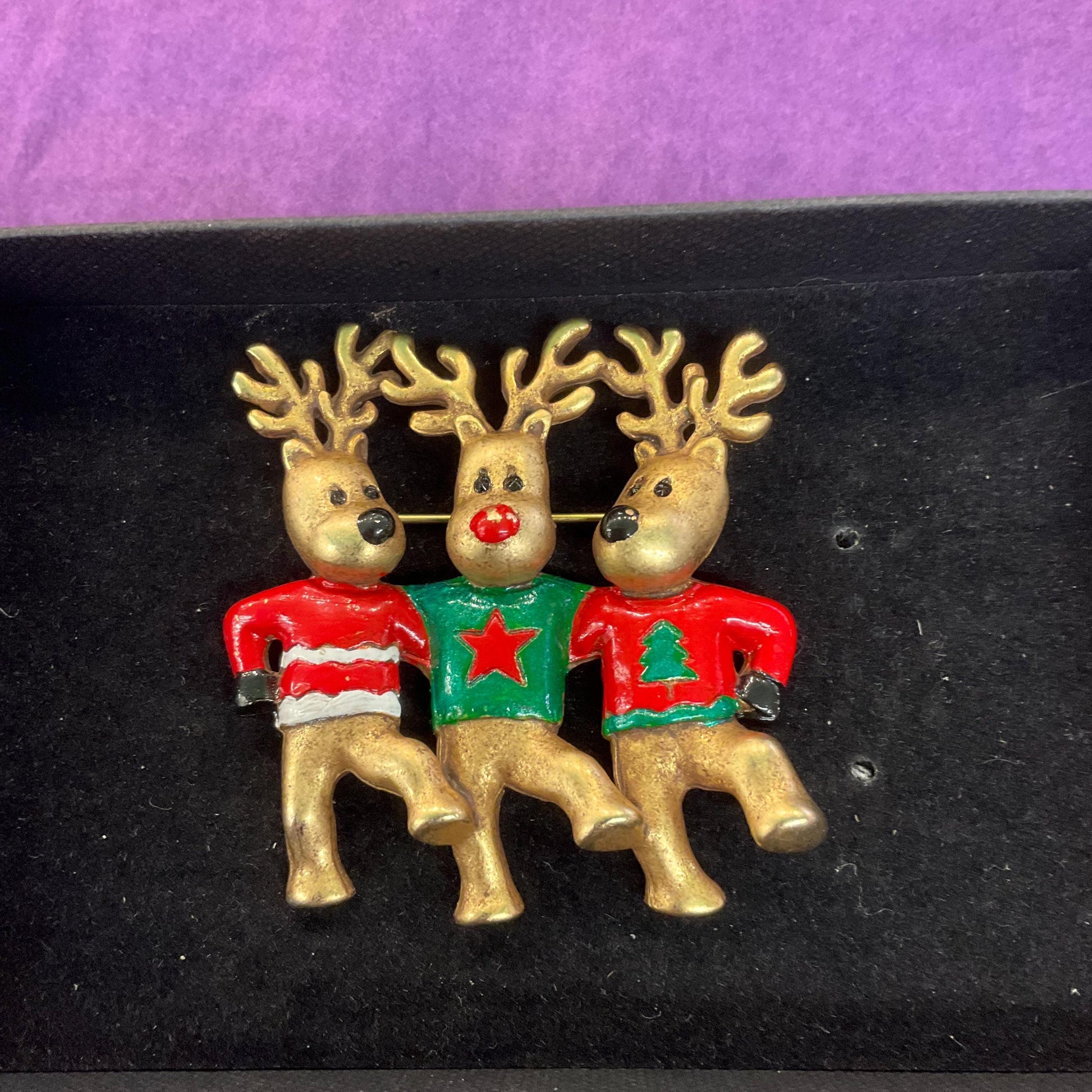 Vintage Butler and Wilson Large Dancing Rheindeer Christmas Brooch, Gold tone with Enamel Christmas Jumpers
